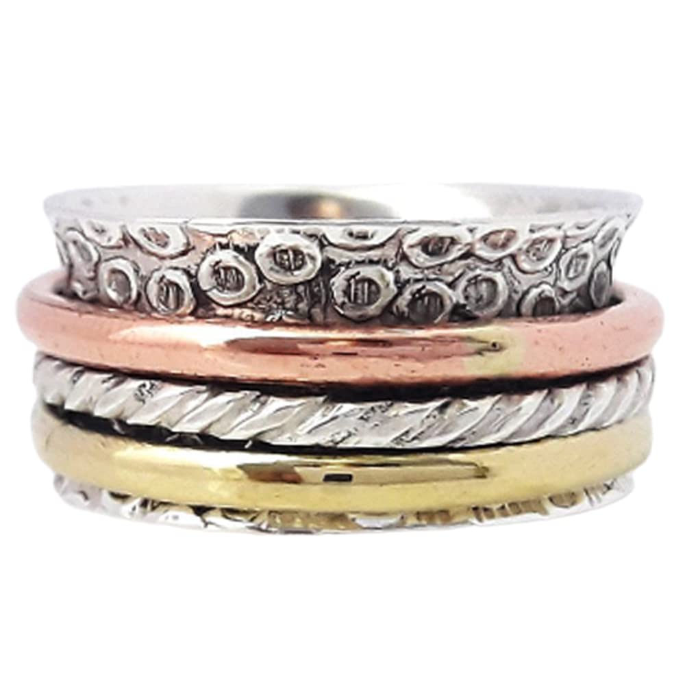 Tricolor Spinner Ring - 925 Sterling Silver Rose Gold Meditation Worry Ring - Handmade Hammered Boho Chunky Textured Jewelry for Stress Relief & Anxiety - Perfect for Yoga, Meditation & Daily Wear