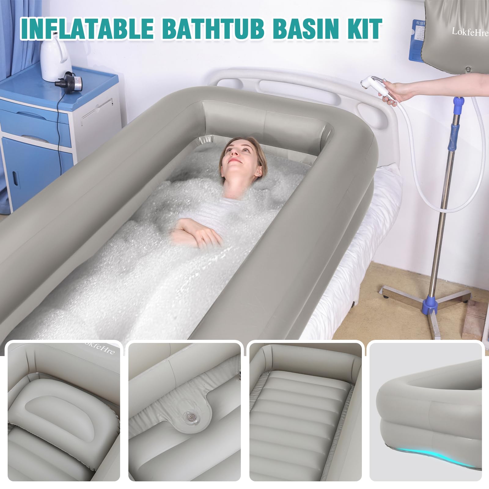 Inflatable Bathtub for Elderly - Portable Shower Bath Basin Kit with Electric Air Pump, PVC Medical Bathtub for Bed Bathing & Full Body Wash - Lightweight & Easy to Use for Home Care & Hospital Use (Grey)