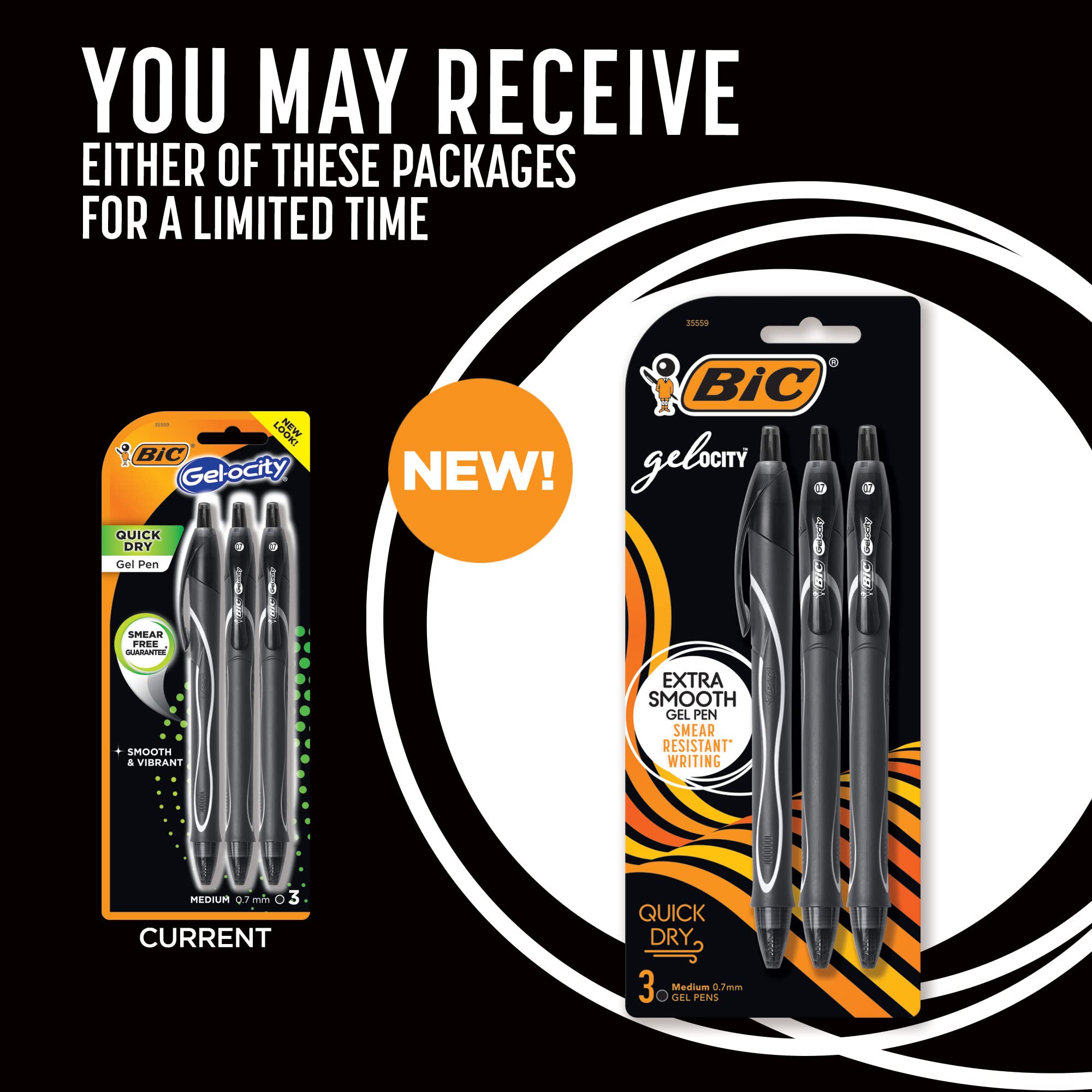 BIC Gel-Ocity Quick Dry Retractable Gel Pens - 0.7mm Medium Point Black Ink Pens (3-Pack) for Office, School, Note Taking & Smooth Writing