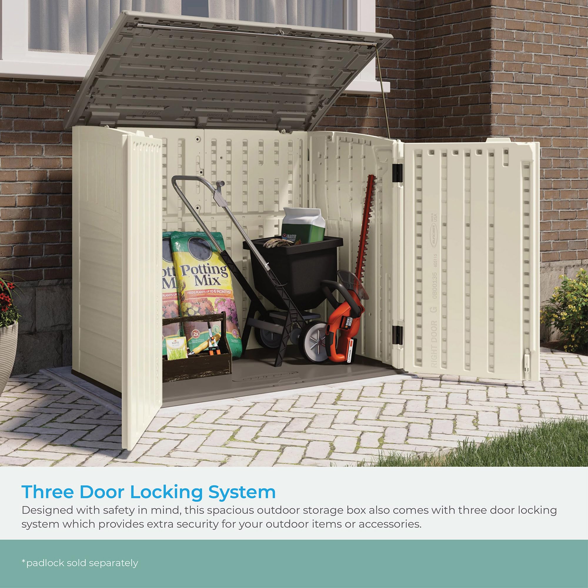 Suncast 34 Cu Ft Horizontal Outdoor Storage Shed - Weatherproof Vanilla Cabinet for Garbage Cans, Garden Tools, Lawn Equipment & Patio Furniture | Perfect for Backyard Organization, Garage Storage & Home Improvement Projects
