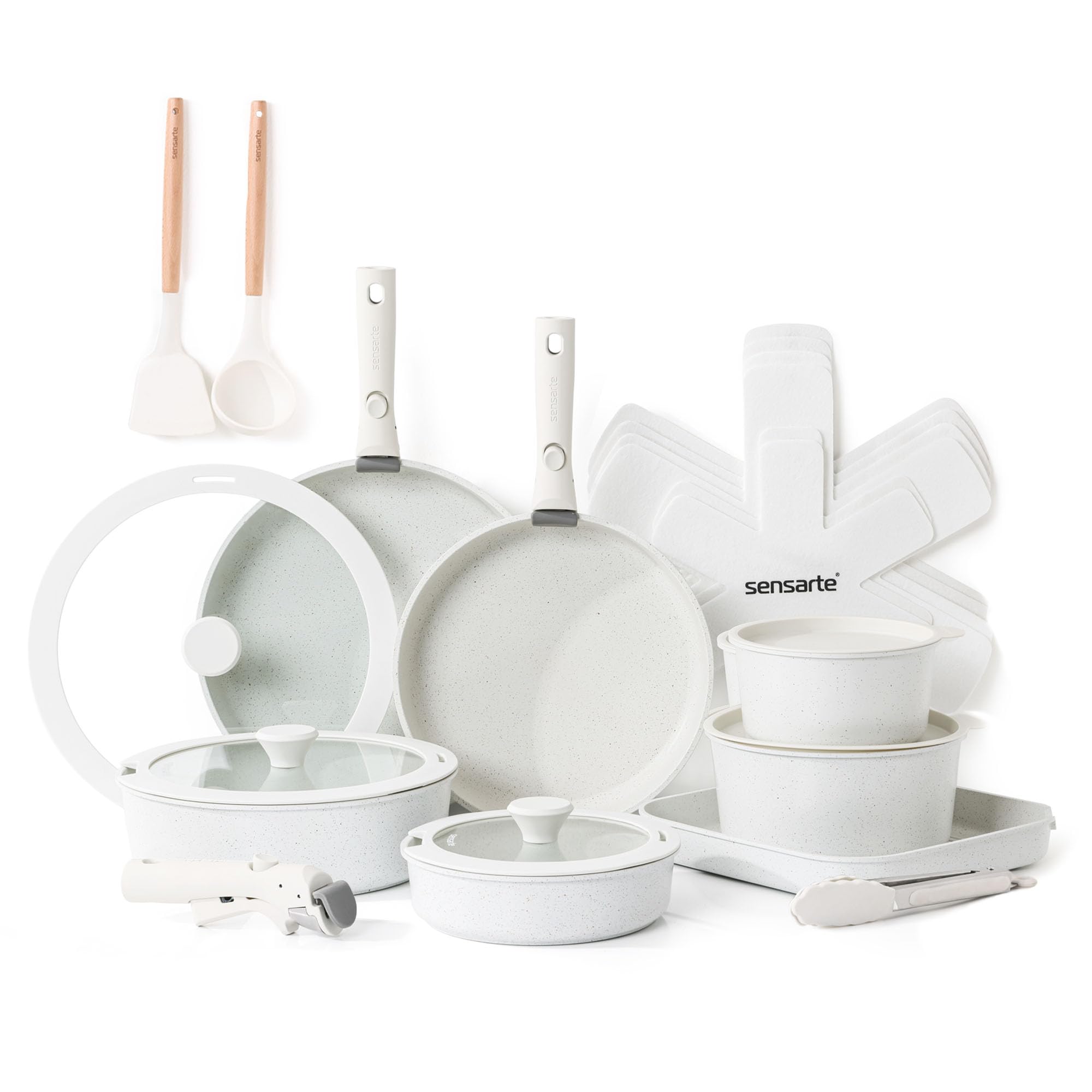 SENSARTE 24-Piece Nonstick Cookware Set with Detachable Handles - Induction Compatible Pots and Pans, PFOA-Free, Dishwasher & Oven Safe - Perfect for RV, Camping & Small Kitchen Cooking (White)