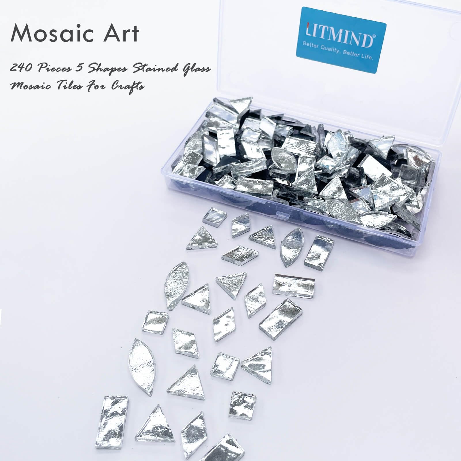 LITMIND Silver Stained Glass Mirror Mosaic Tiles - 240 Pieces in 5 Shapes (Rectangle, Triangle, Rhombus, Square, Leaf) with Black Backing for DIY Crafts, Mosaic Art, Home Decor & Wall Accents - Perfect for Bathroom, Kitchen Backsplash & Decorative Projects