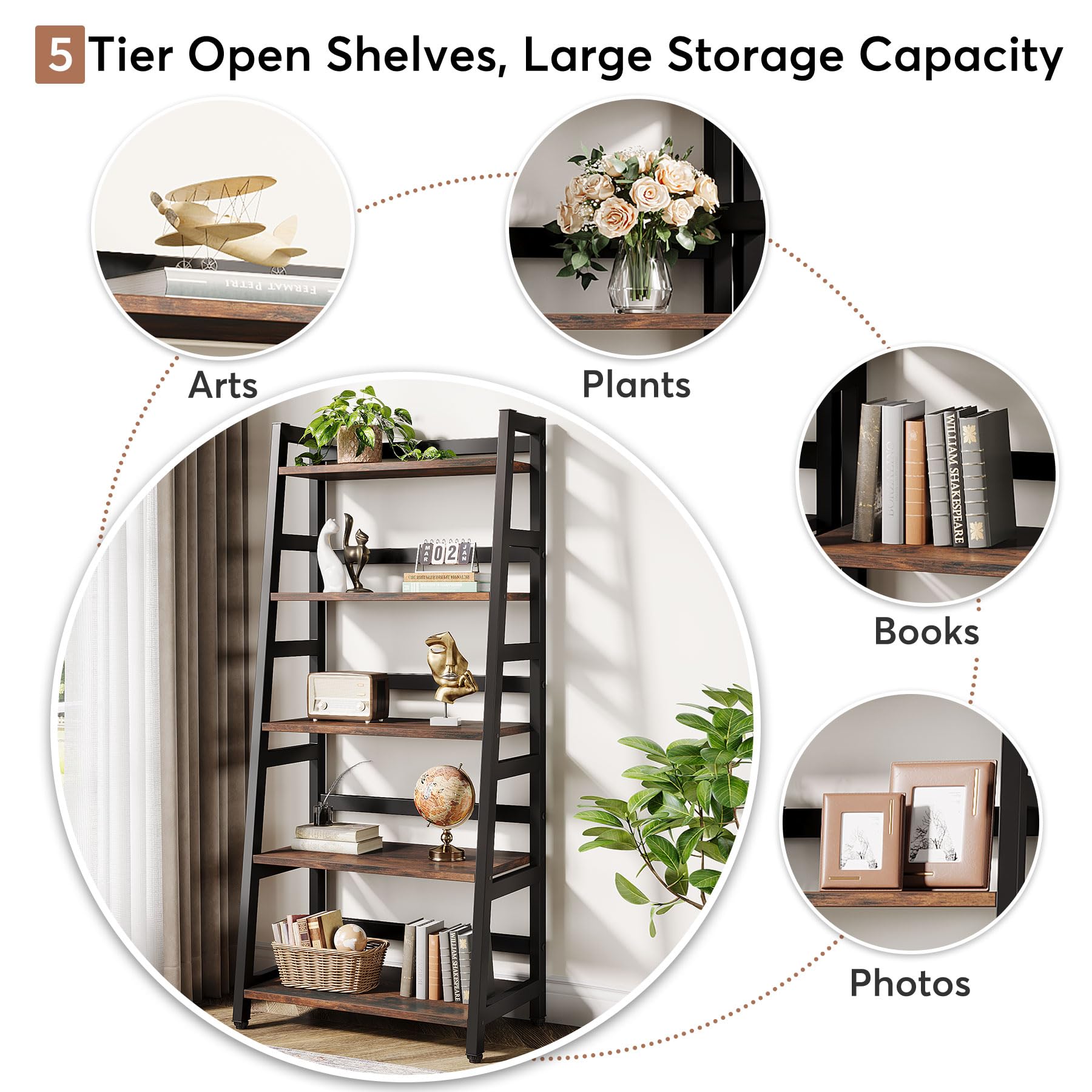 Tribesigns 5-Tier Industrial Bookshelf - Sturdy Ladder Bookcase with 5 Shelves for Home Office, Living Room Storage & Organization - Perfect for Displaying Books, Decor & Plants in Modern Spaces