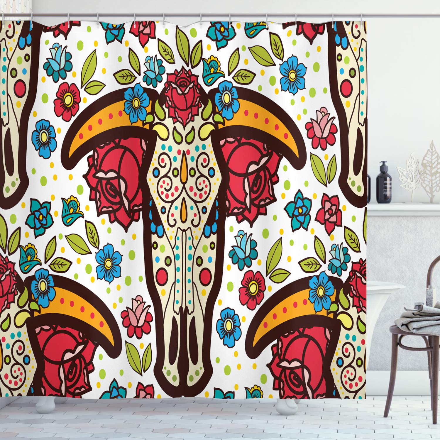 Ambesonne Bohemian Mexican Folkloric Shower Curtain - Colorful Sugar Skull with Floral Design, 69