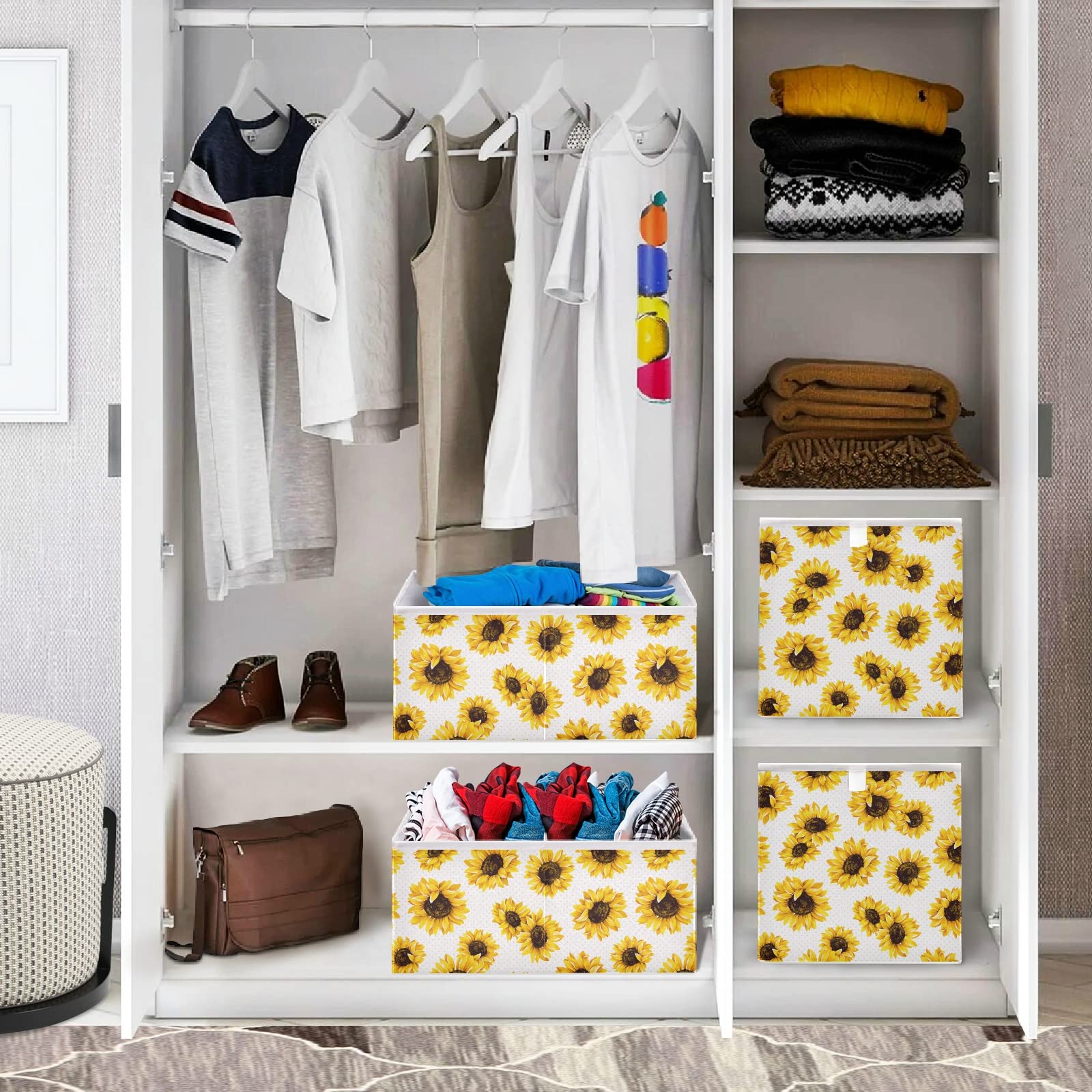 Foldable Collapsible Storage Baskets for Shelves - 16 x 11 Inch Sunflower Design Organizer Bins for Toys, Clothes, Books | Perfect for Closet, Pantry & Home Organization