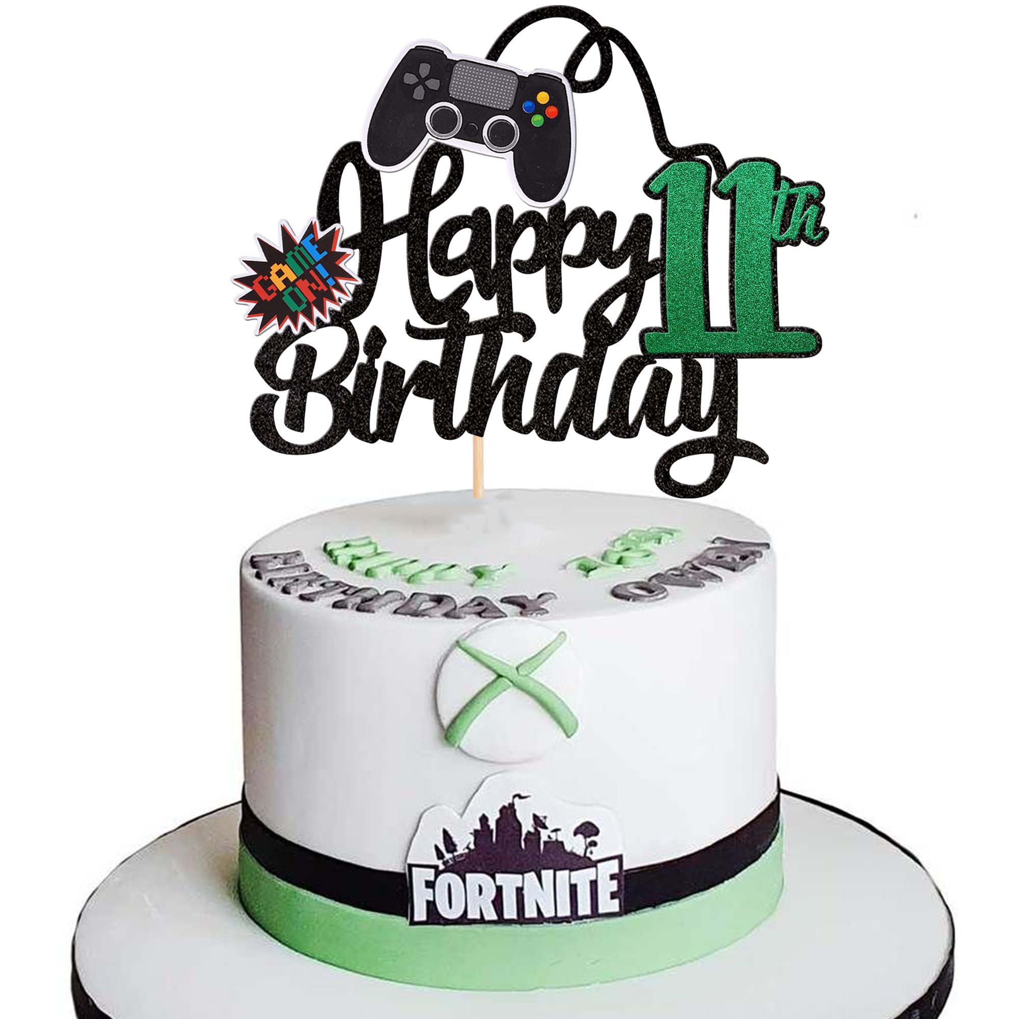 1 PCS Video Game Happy 11th Birthday Cake Topper - Glitter Game Controller Cake Pick - Eleven Cheers to 11 Years - Perfect for Birthday Party Decorations & Gaming Theme Cakes (Green)