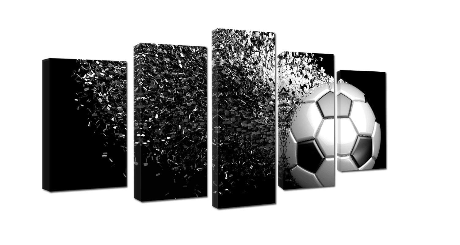 5-Piece Black and White Soccer Football Poster Canvas Wall Art Set - Sports Themed Pictures for Boys Room, Living Room & Home Decor - Perfect for Sports Lovers, Game Room & Man Cave Decorations