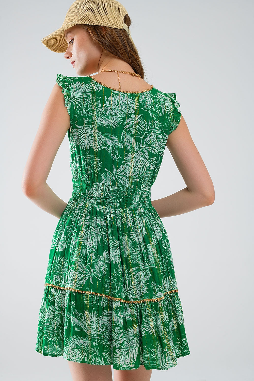 Boho Floral Print Short Green Robe with Lurex Details - Perfect for Spa Days, Lounging at Home, and Beach Cover-Ups