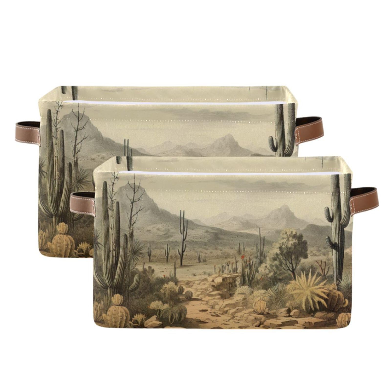 Vintage Cactus Pattern Foldable Storage Baskets - 2 Pack Rectangle Canvas Fabric Organizer Box with Handles for Home, Office, Closet & Shelf Organization - Perfect for Clothes, Toys, and Home Decor Storage