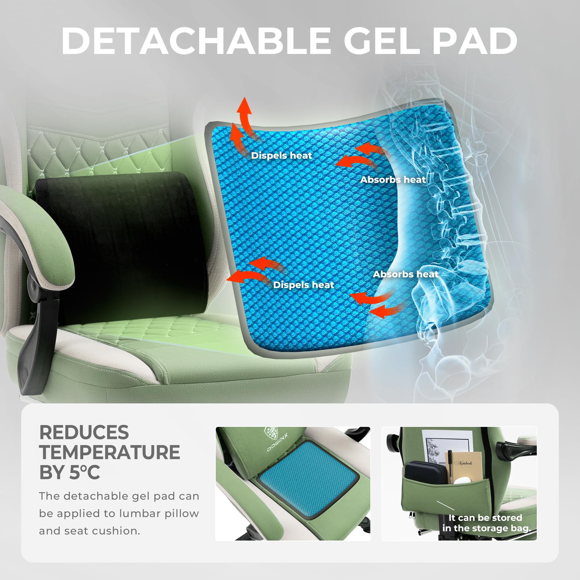 Dowinx Ergonomic Gaming Chair with Breathable Fabric & Pocket Spring Cushion - Comfortable Office Chair with Gel Pad, Storage Bag & Footrest - Green - Perfect for PC Gaming, Home Office & Esports