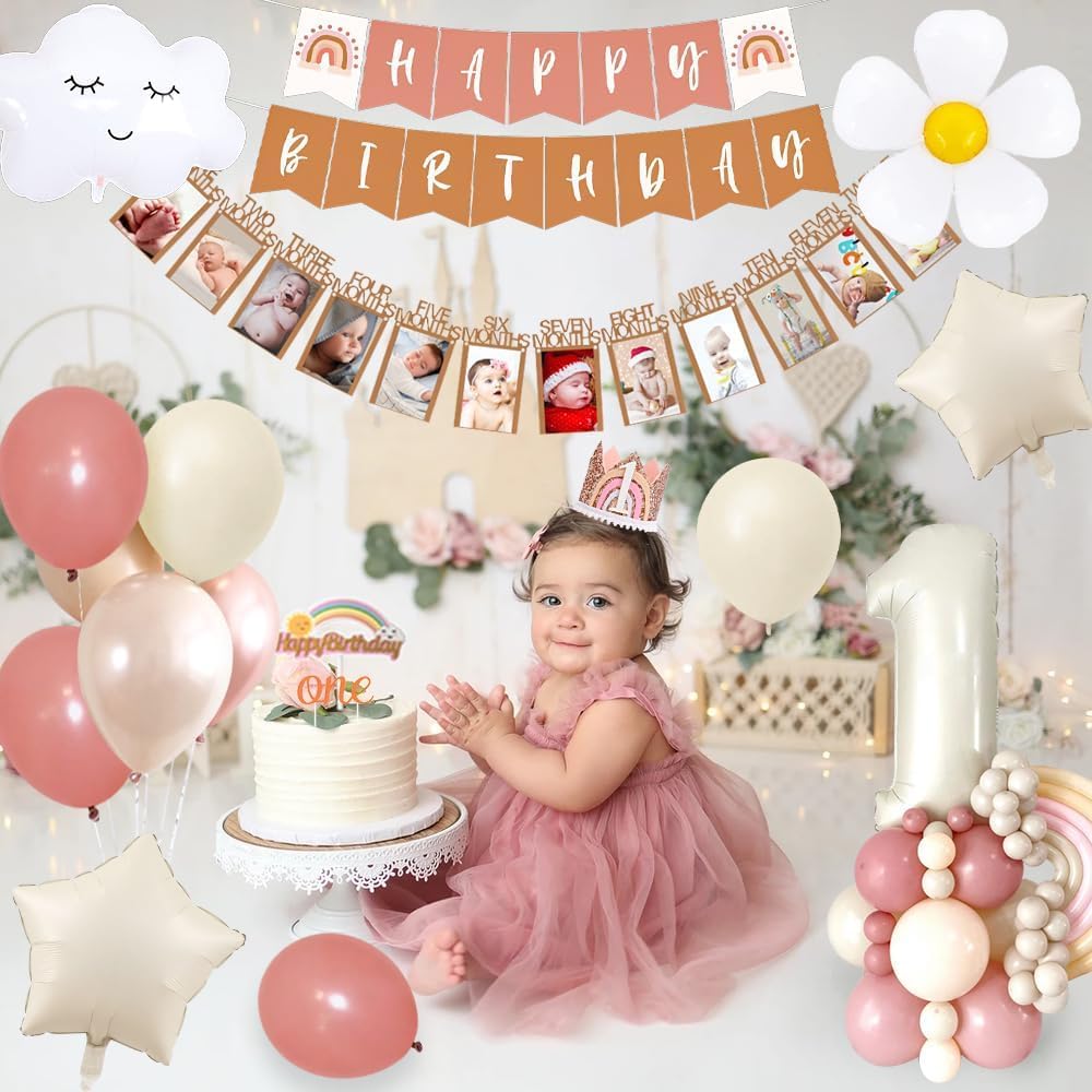 Groovy Boho First Birthday Decorations for Girls - Baby Month Photo Banner, Beige Number 1 Foil Balloon & Rainbow Cake Topper - Perfect for 1st Birthday Parties & Baby Showers