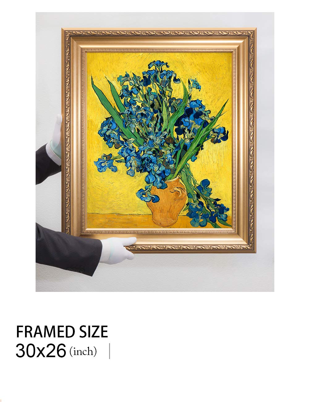 DECORARTS - Van Gogh Irises Vase Flower Giclee Canvas Print with Golden Relief Frame - 24x20 in Picture, 30x26 in Framed Size - Premium Wall Art for Living Room, Bedroom & Office Decor