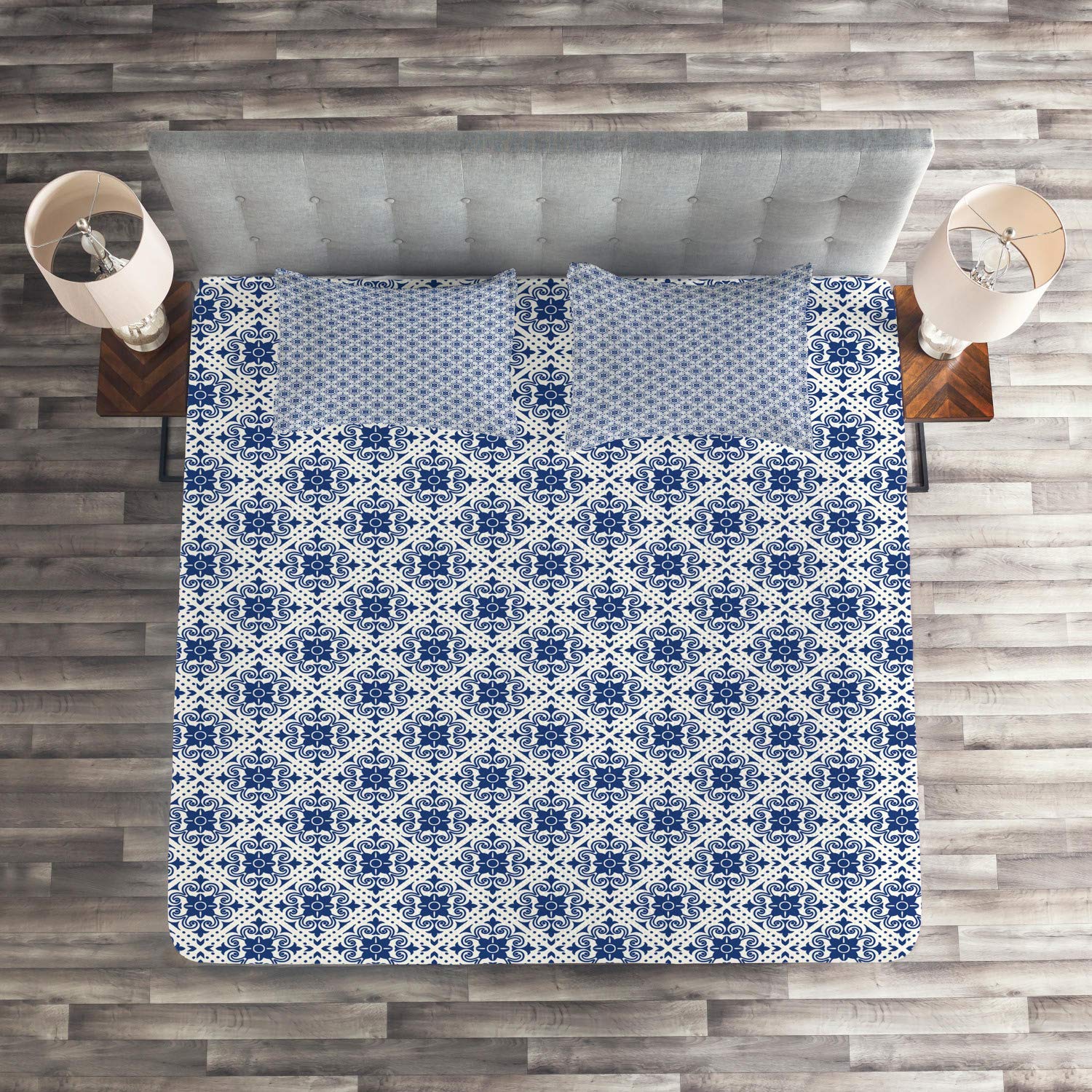 Ambesonne Moroccan King Size 3-Piece Quilted Bedspread Set with 2 Pillow Shams - Floral Oriental Damask Print in Off White & Dark Sky Blue - Luxury Bedding for Master Bedroom, Guest Room & Bohemian Home Decor