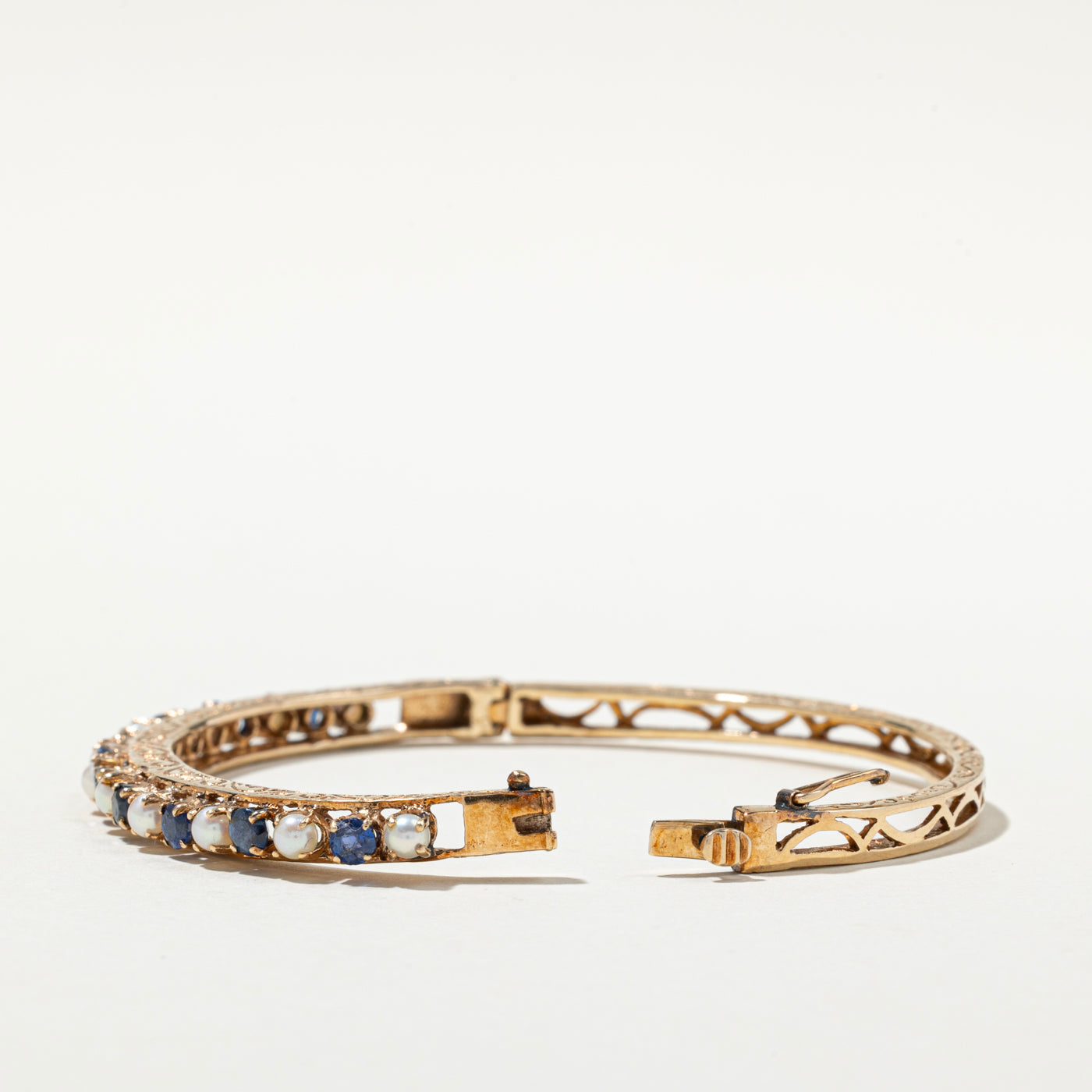 Vintage Blue Sapphire & Pearl Bangle Bracelet - 1.94ctw Genuine Gemstone Jewelry for Women | Elegant 3.00-3.50mm Pearl Bracelet | Perfect for Weddings, Anniversaries & Special Occasions