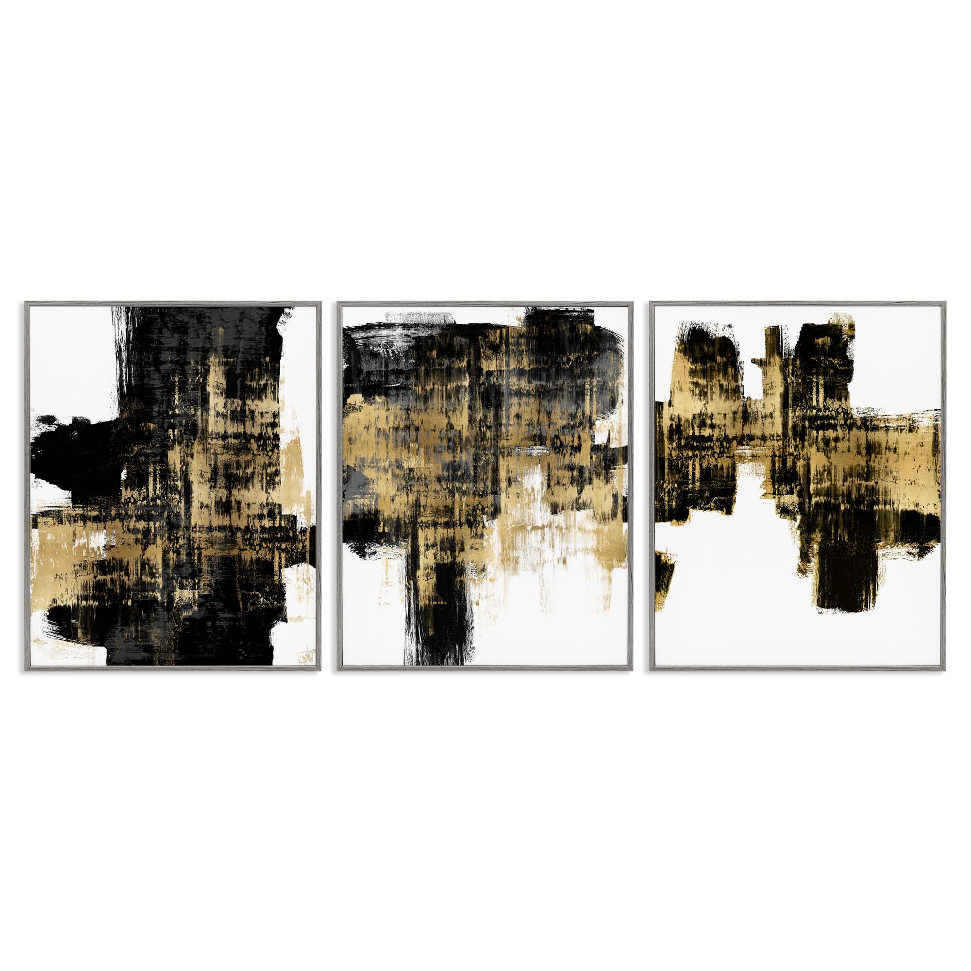 Stupell Industries 3-Piece Bold Black Brushstrokes & Golden Distressed Accent Wall Art Set - Grey Framed, 11x14 Inches Each - Modern Home Decor for Living Room, Bedroom & Office