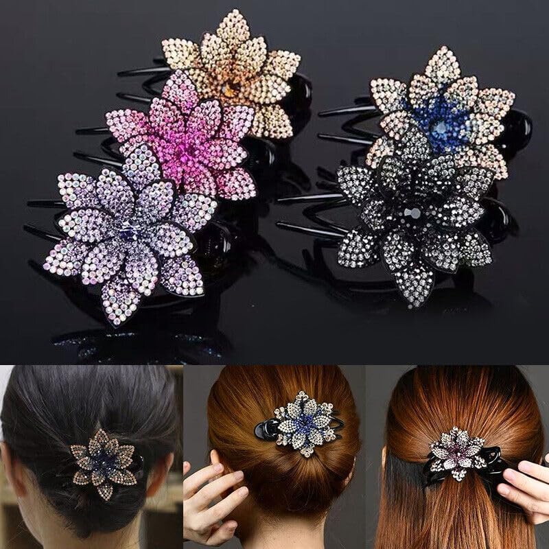 Luxury Rhinestone Flower Hair Clips for Women - Sparkly Crystal Hair Claws & Barrettes for Thick Long Hair - Korean Hair Accessories for Girls & Women - Perfect for Weddings, Parties & Everyday Glam