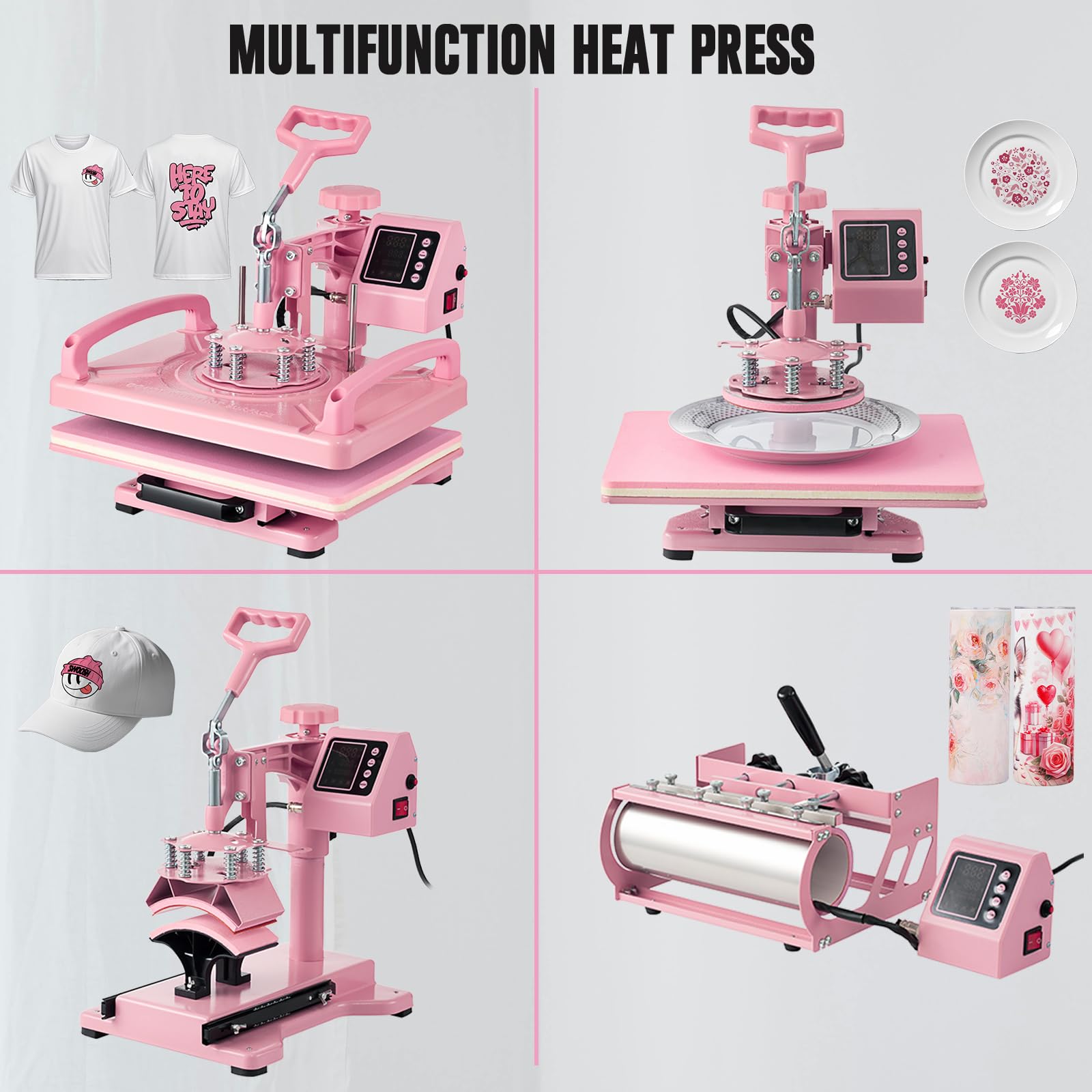 5 in 1 Heat Press Machine 12x15 Inch - Digital T-Shirt, Hat, Mug & Plate Heat Transfer Press with 360° Swing Away & 30OZ Tumbler Press (Pink) - Perfect for DIY Crafts, Custom Apparel & Sublimation Printing Projects