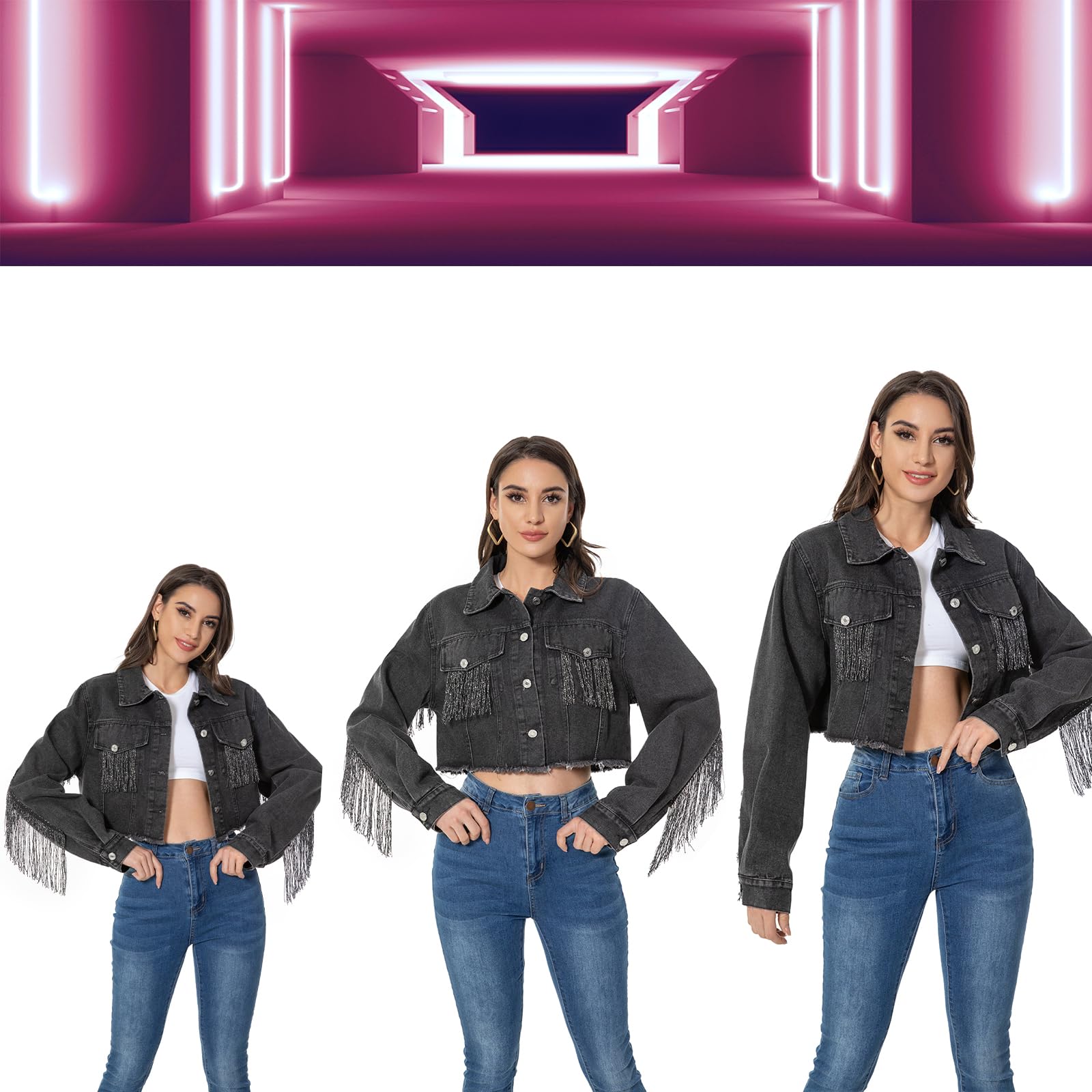 Distressed Cropped Denim Jacket for Women - Rhinestone & Fringe Embellished Long Sleeve Jean Coat | Perfect for Casual Outfits, Music Festivals & Boho Chic Style
