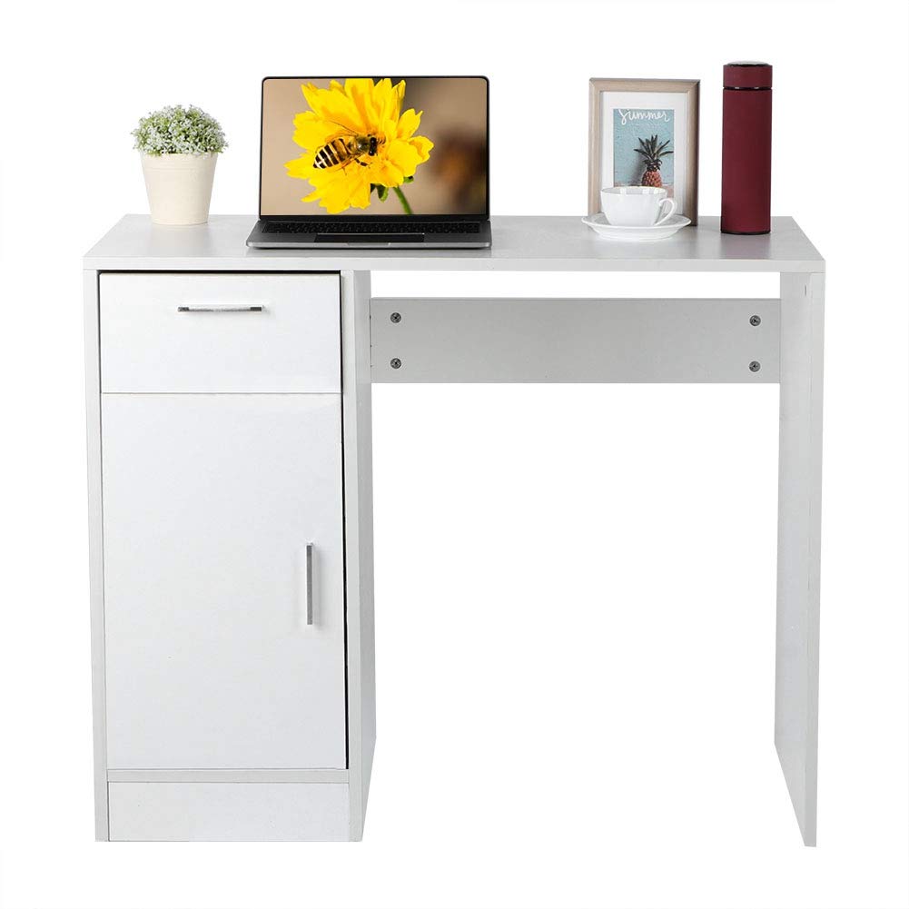 Modern Minimalist Computer Desk with Drawer & Storage Cabinet - Compact PC Study Writing Desk for Home Office, Workstation, Small Spaces - 35.43 x 15.75 x 29.53 Inches - Perfect for Remote Work, Online Classes & Gaming Setup