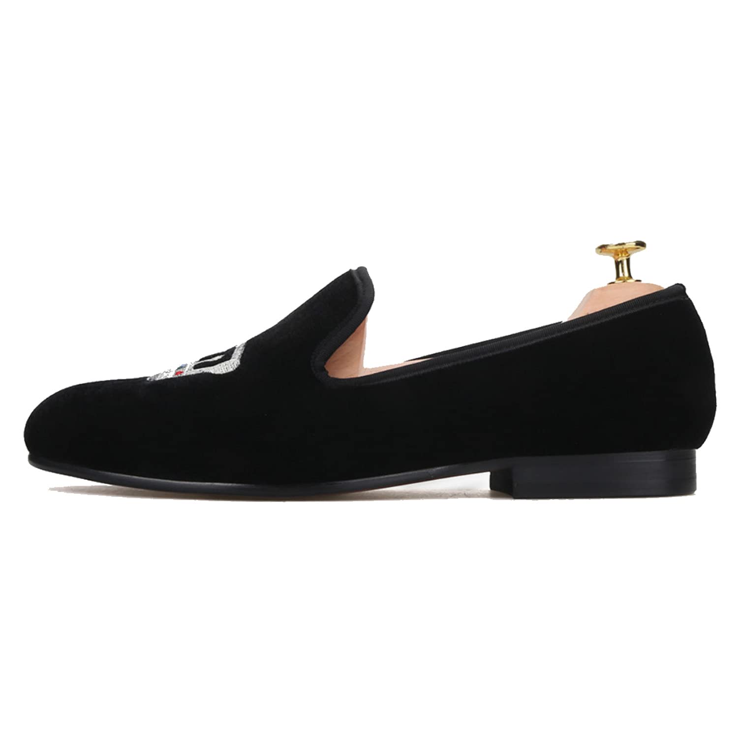 FERUCCI Handmade Men's Black Velvet Loafers with Silver Crown - Comfortable Formal Slippers for Wedding, Prom, Party & Evening Events - Luxury Velvet Dress Shoes for Groomsmen & Special Occasions