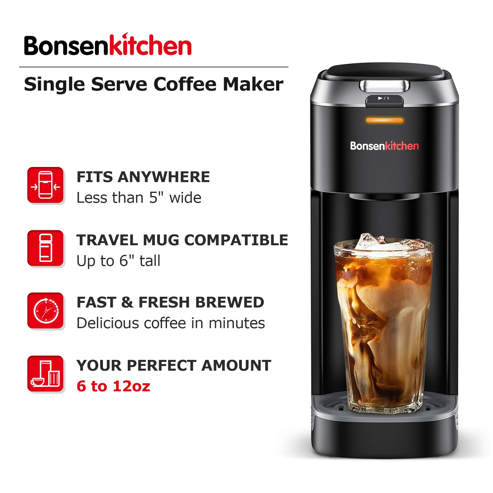 Bonsenkitchen Single Serve Coffee Maker for K-Cups, Fast Brewing & Space Saving - Perfect for Home & Office