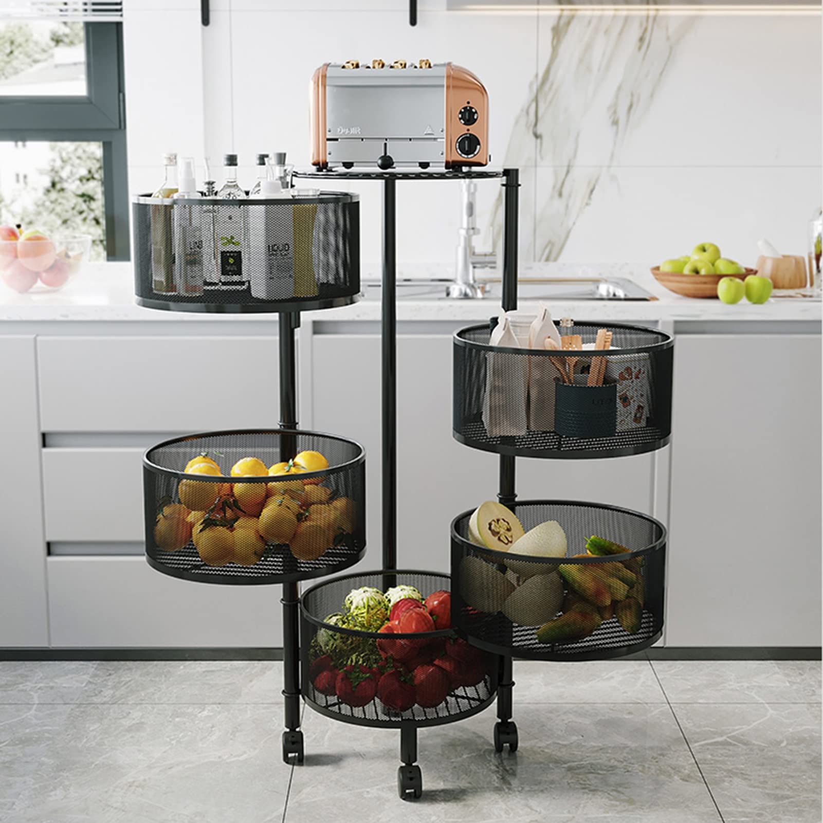 360° Rotating 5-Tier Rolling Fruit Basket with Wheels - Round Layered Kitchen Storage Shelf for Vegetables, Fruits & Organizing - Black Floor-Standing Multi-Layer Rack for Pantry, Dining Room & Small Spaces