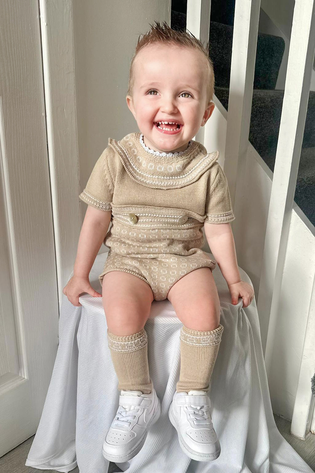 William Camel & Baby Blue Knit Romper - Soft Cotton Baby Jumpsuit for Boys & Girls | Perfect for Newborn Photoshoots, Playdates & Everyday Wear