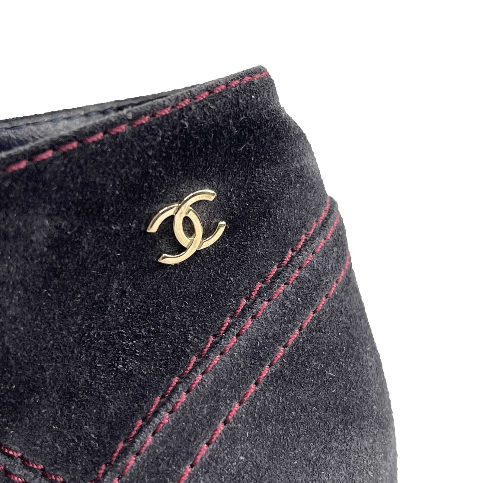 Chanel Suede Chain Wedge Boots Dark Blue CC Logo Women's Size 37.5 (US 7.5) - Perfect for Fall Fashion & Evening Outfits