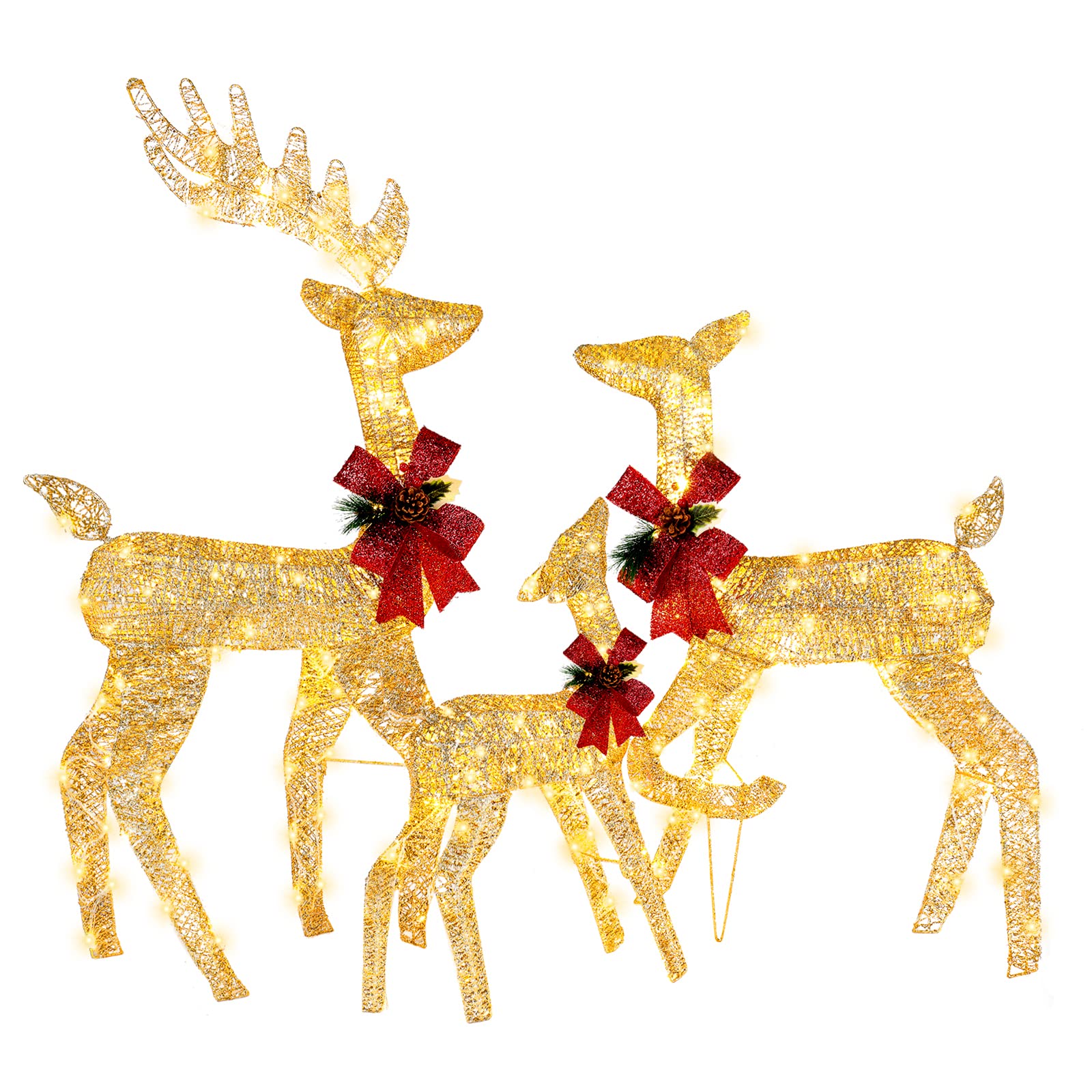 VINGLI Pre-lit Christmas Reindeer Decorations - 270 LED Outdoor Lighted Deer Family Set of 3 (Gold) | Weatherproof Holiday Yard Decor for Home, Garden, and Indoor Christmas Displays