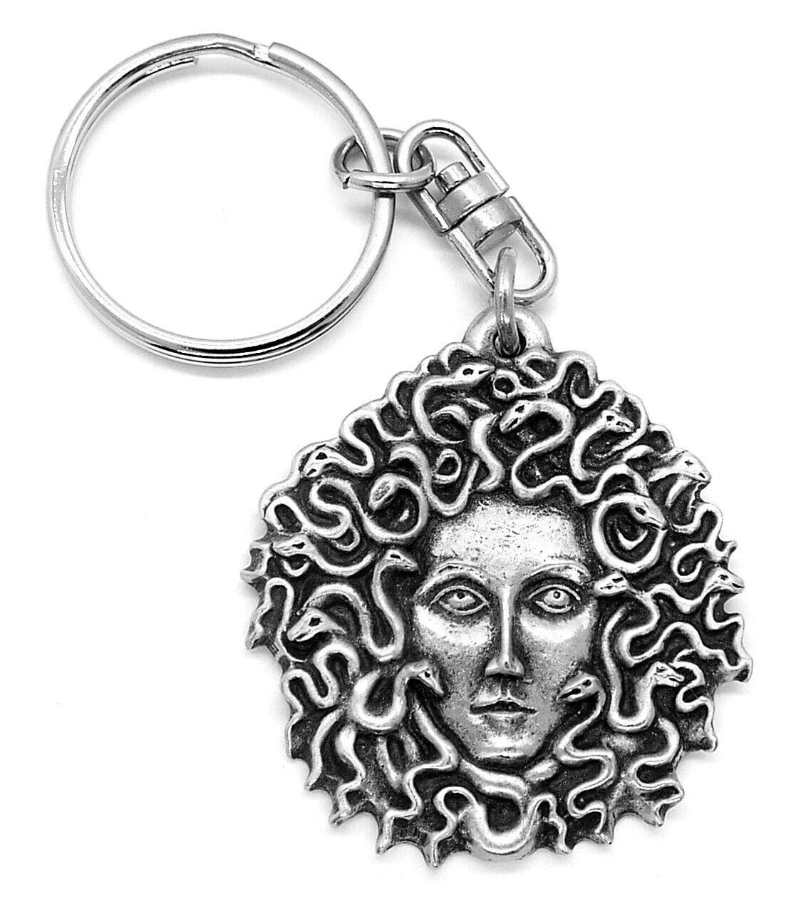 Fine Pewter Medusa Gorgon Keychain with Gift Pouch, Ideal for Mythology Enthusiasts and Collectors