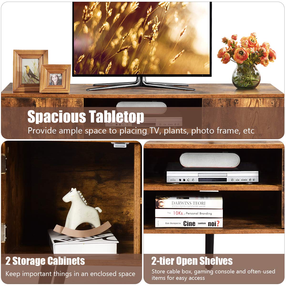 Tangkula 55 Inch TV Stand with 2 Cabinets & 2 Open Shelves - Mid Century Modern Wood Entertainment Center for Living Room, Rustic Brown - Perfect for Boho, Farmhouse & Rustic Home Decor