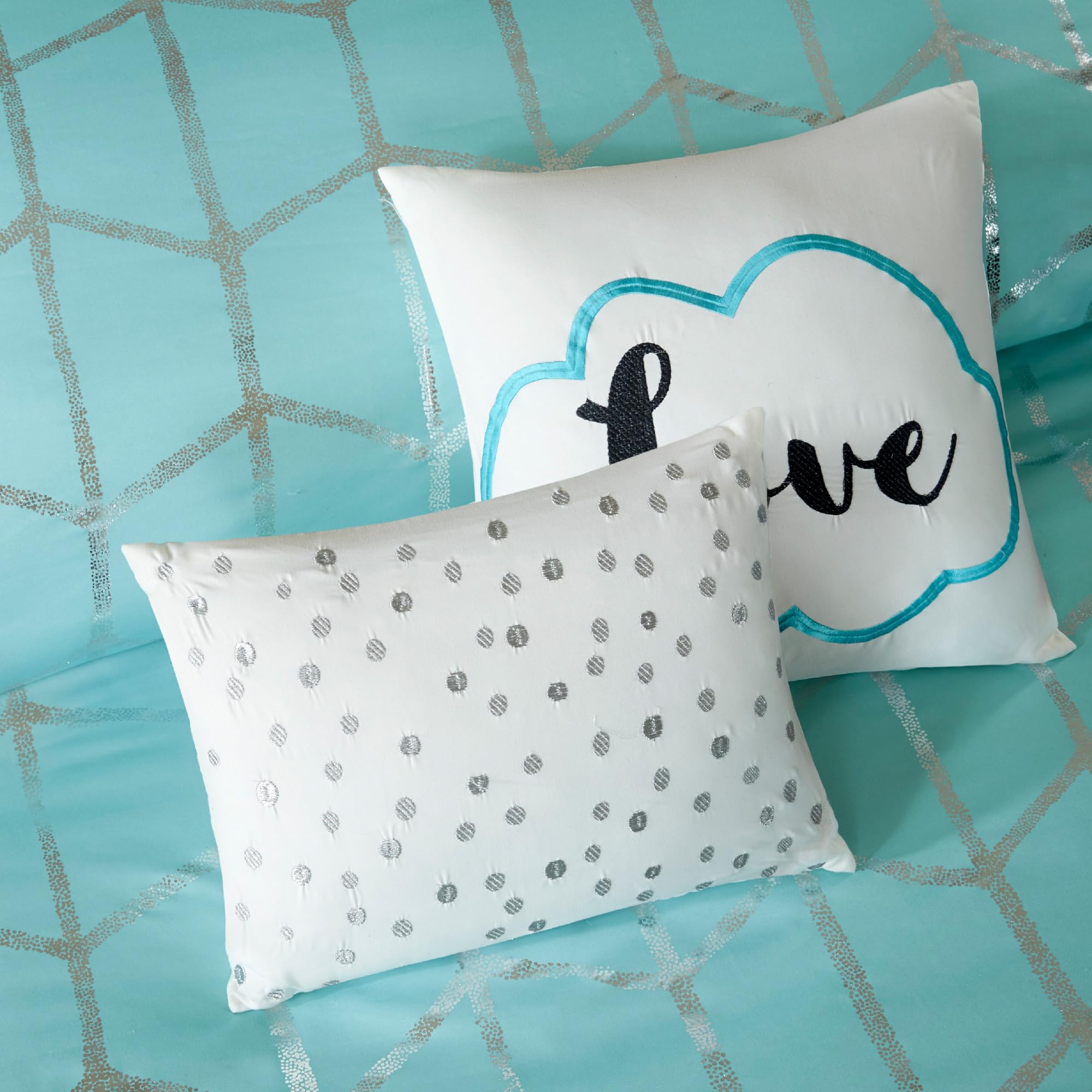 **Raina Twin/Twin XL Comforter Set - Soft Microfiber Geometric Bedding, Modern Metallic Design, 4-Piece College Dorm Set with 1 Sham & 2 Toss Pillows (Aqua) - Perfect for Teens, Kids Rooms & Dorm Decor**