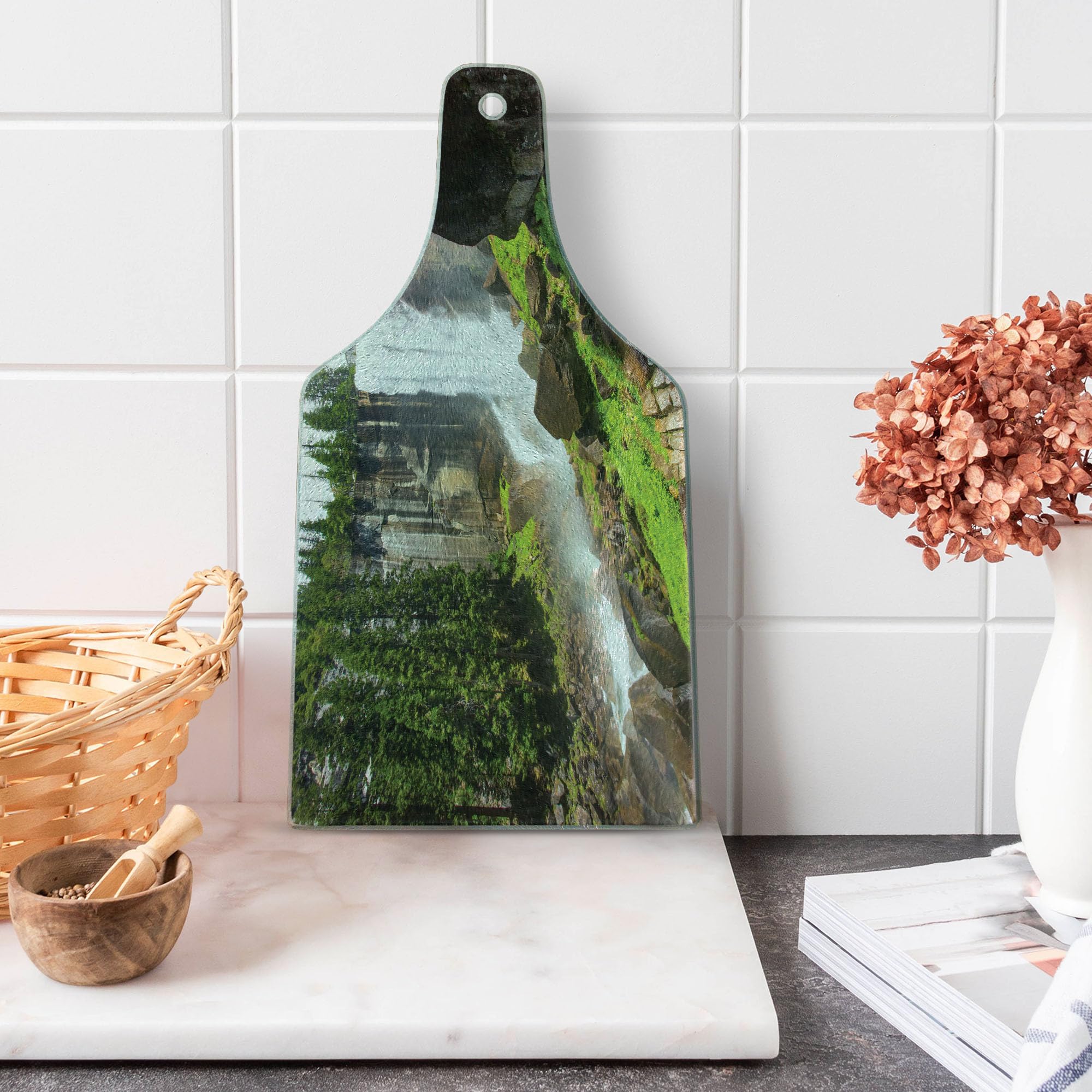 Ambesonne Yosemite Tempered Glass Cutting Board - Vernal Fall Yosemite National Park Scenic Photo Design - Decorative Serving Board for Kitchen, Charcuterie & Cheese - Wine Bottle Shape in White & Green - Perfect for Home Decor, Dinner Parties & Gifts