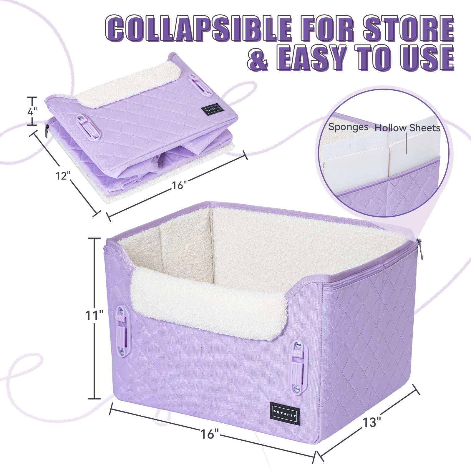 **Petsfit Small Dog Car Seat Booster - Portable Pet Travel Carrier with Clip-On Leash & Adjustable Straps for Small Dogs Up to 25lbs (Lavender Purple) - Perfect for Road Trips & Safe Car Rides**