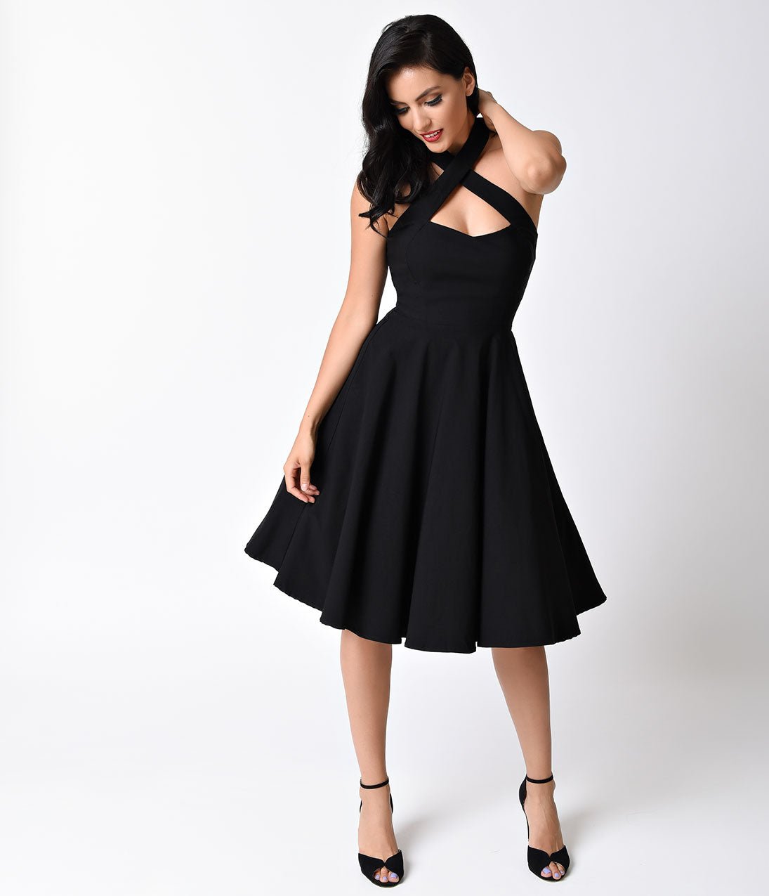 Vintage Black Criss Cross Halter Rita Flare Dress - Retro Style Party & Cocktail Dress for Women, Perfect for Date Night & Special Occasions