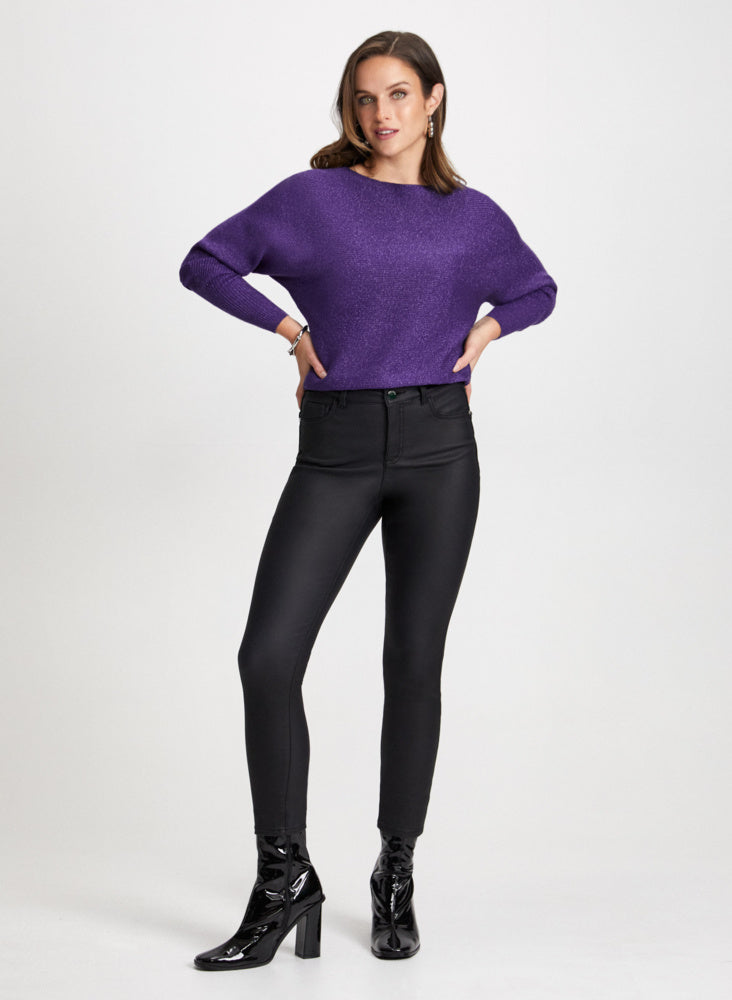 Dolman Sleeve Sweater Women's Casual Knit Top & Coated Jeans for Women - Stylish Outfit for Fall Winter Fashion, Office Wear and Date Night