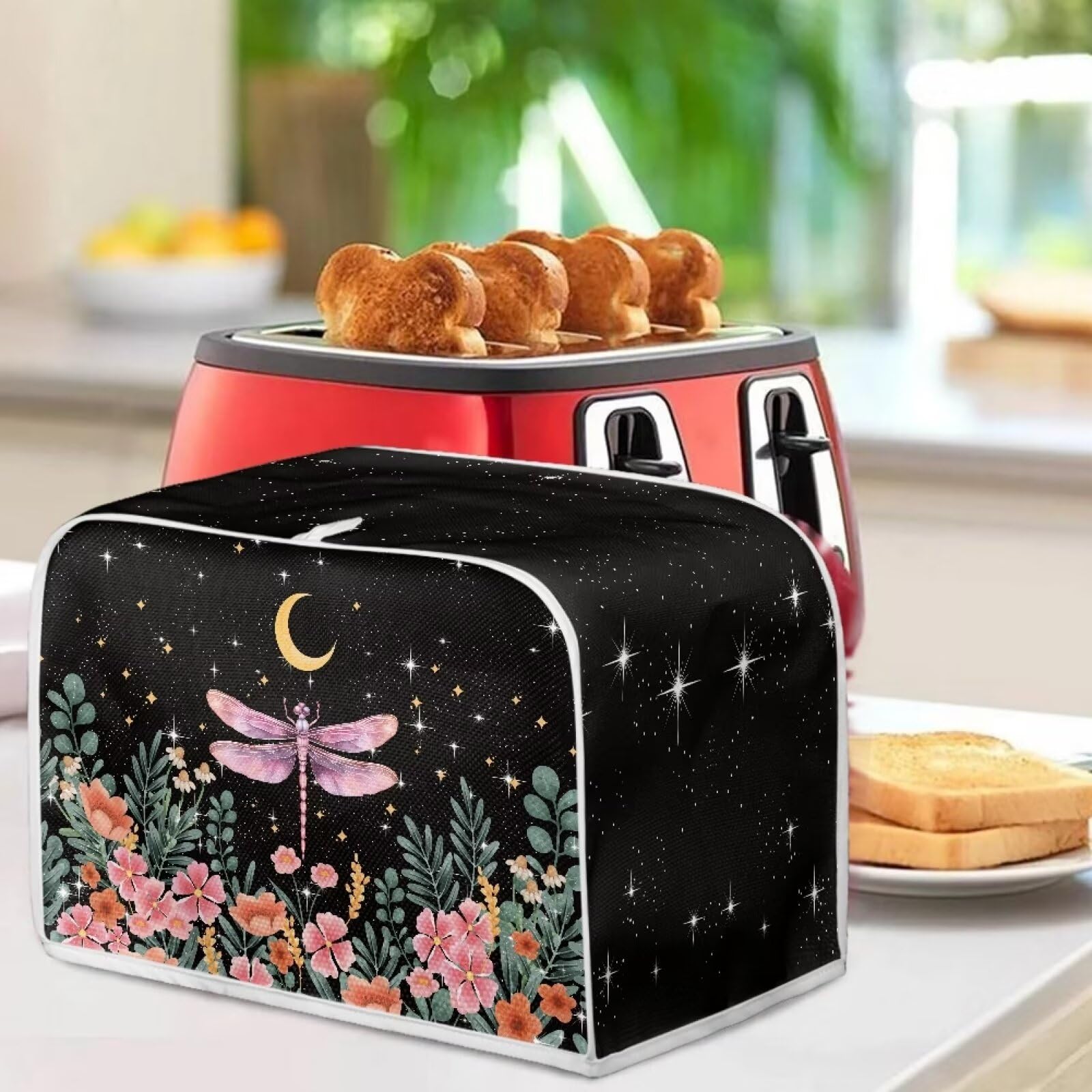 Dragonfly Moon Toaster Cover - Waterproof Fingerprint-Resistant Bread Toaster Protector | Compatible with Most 4-Slice Toasters | Perfect for Kitchen, Breakfast Nook & Small Appliance Protection