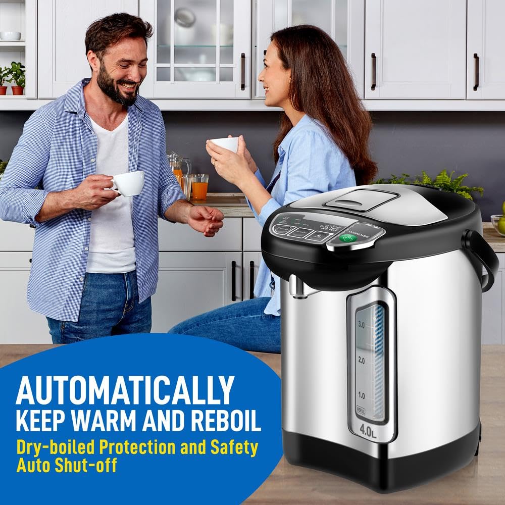NutriChef 4L/4.2Qt Stainless Steel Electric Water Boiler & Warmer with Rotating Base, Auto Shut Off & Safety Lock - Fast Heating for Coffee, Tea, Instant Noodles & Baby Formula - Perfect for Home, Office & Dorm Use (NCHUB24)
