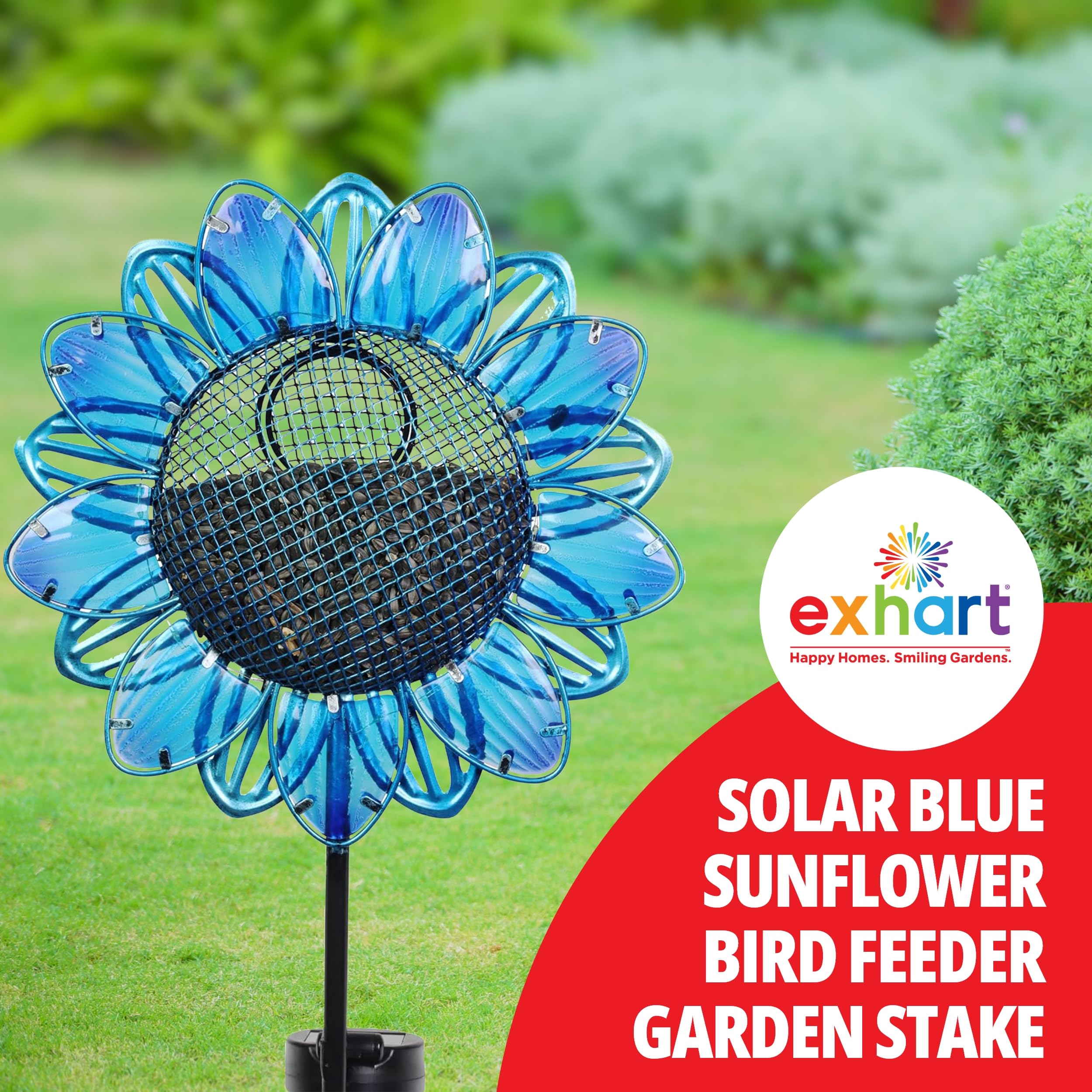 Exhart Solar Garden Lights - Sunflower Stake with Bird Seed Feeder - 9 LED Outdoor Decorative Light for Yard, Patio & Pathway - Blue Glass & Metal Design (11 x 3.5 x 36.5 Inch) - Perfect for Garden Decor, Bird Watching & Nighttime Illumination