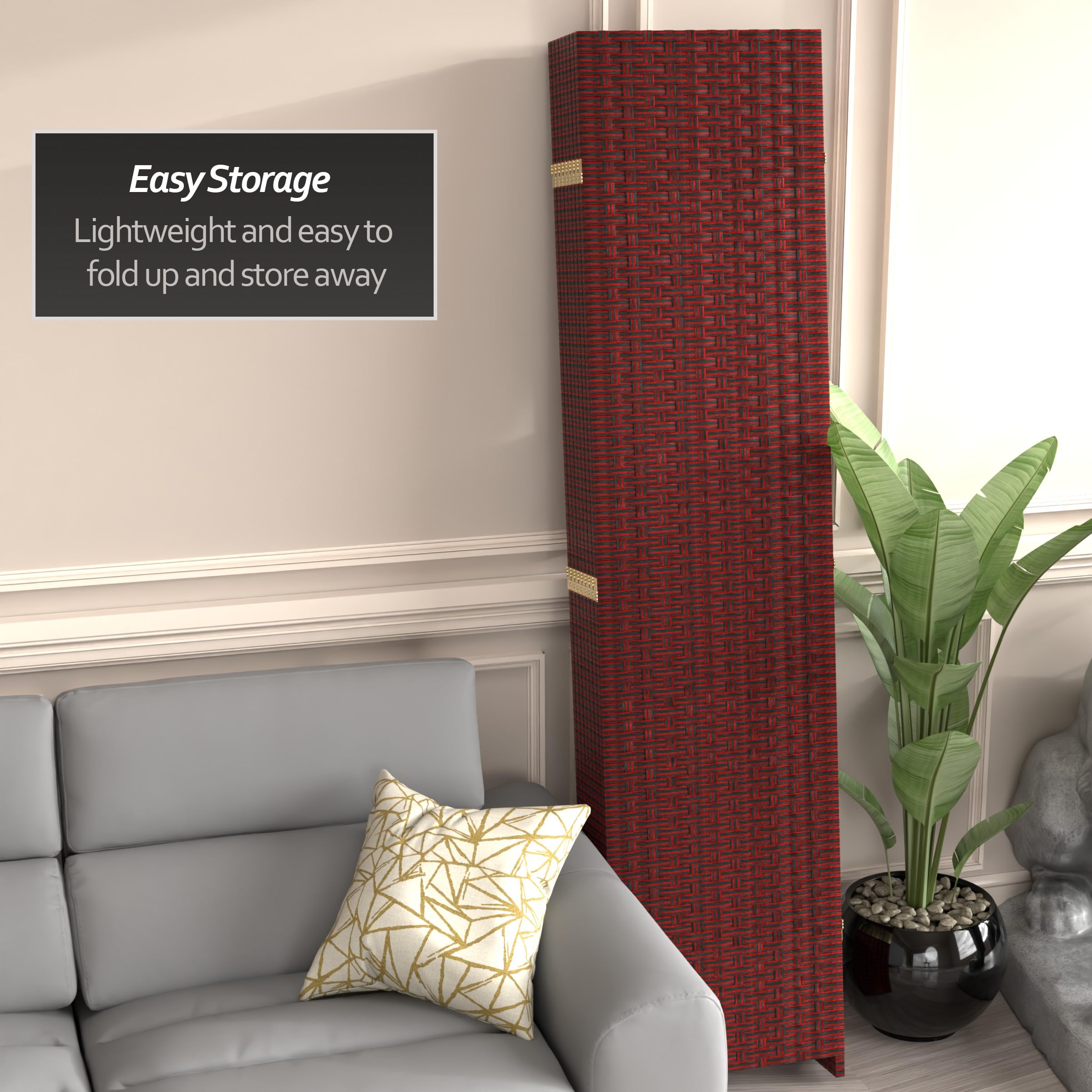 7 ft Tall Red and Black Woven Fiber Room Divider - 8 Panel Folding Screen for Home Decor, Office Partition, Wedding Backdrop & Asian-Themed Events