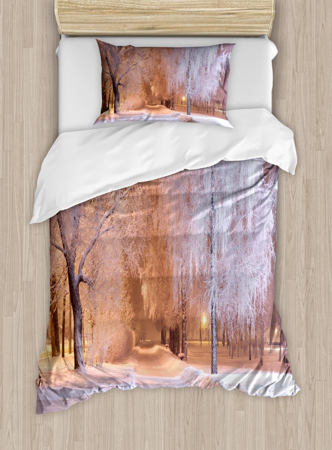 Ambesonne Winter Duvet Cover Set - Frozen Trees & Snowy Road Landscape Photography Print Bedding - 2 Duvet Covers & 4 Pillowcases - 2 Pack California King Size - Salmon White - Cozy Winter Bedroom Decor for Cold Nights