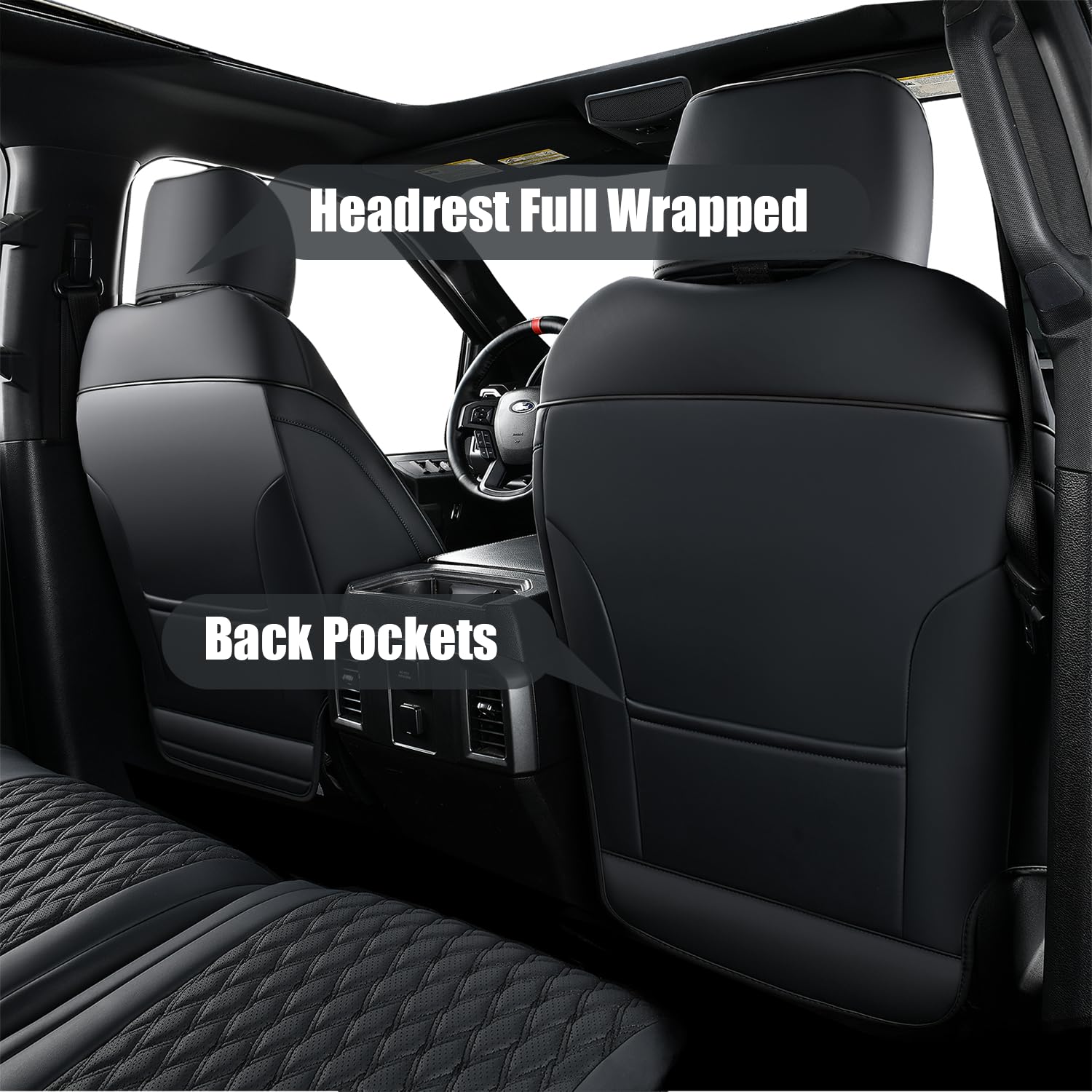 **Waterproof Faux Leather Seat Covers for Ford F150 (2015-2025) & F250/F350/F450 (2017-2025) Crew Cab – Full Set Black Truck Interior Protectors – Durable Car Seat Cushion Covers for Off-Road, Work & Daily Driving**