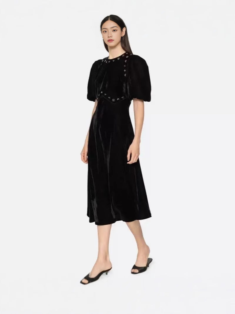 Black Crystal Embellished Puff Sleeve Midi Dress for Women - Elegant Party, Wedding & Evening Occasion Wear