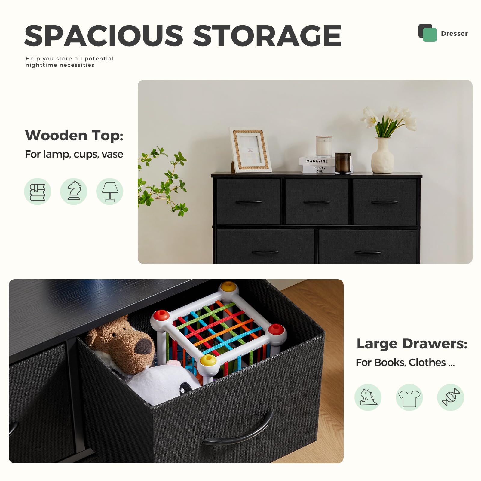 DUMOS 7-Drawer Dresser for Bedroom Storage - Wooden Top with Metal Frame & Fabric Bins - Chest Tower Organizer for Nursery, Living Room, Kids Room, Closet - Perfect for Clothes, Toys & Home Organization (Black)