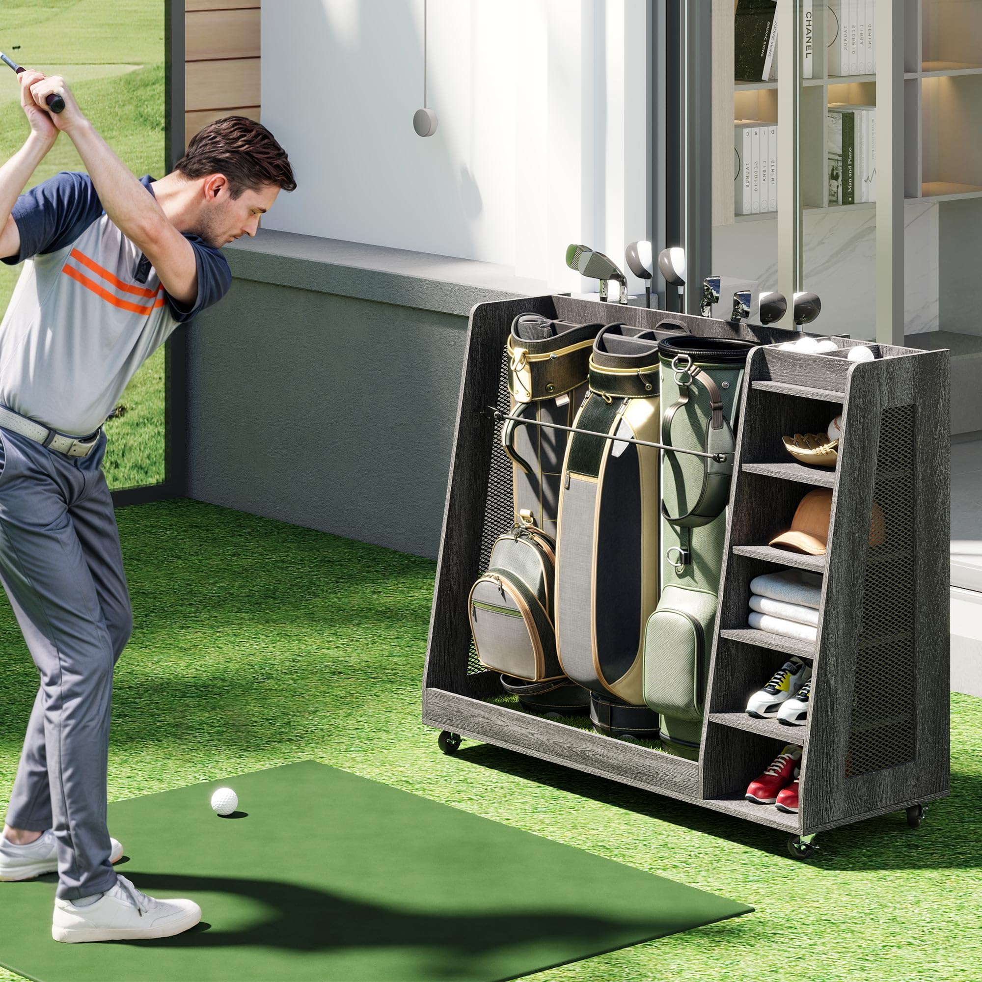 YITAHOME Wooden Golf Bag Organizer - Rolling Storage Stand for Golf Bags, Clubs, Balls & Accessories - Holds 2-3 Golf Bags - Perfect for Garage & Home Golf Equipment Organization - Ideal for Golf Enthusiasts & Club Storage Solutions