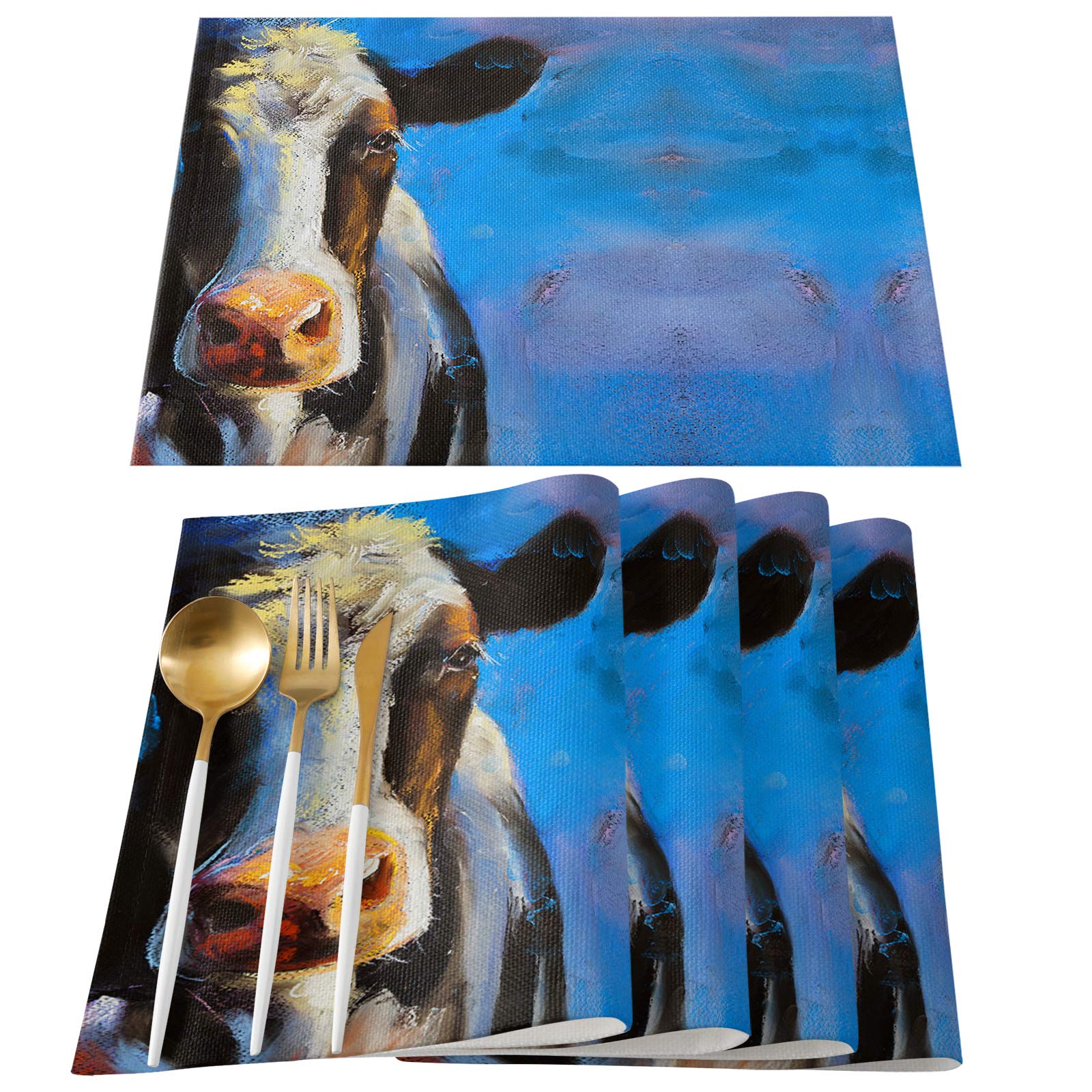 OUR WINGS Linen Burlap Placemats Set of 6 - Farmhouse Cow Print Table Mats with Blue Background for Dining, Kitchen & Party Decor | Non-Slip, Heat-Resistant & Easy to Clean | Perfect for Farmhouse Weddings, Rustic Dinner Parties & Cozy Family Meals