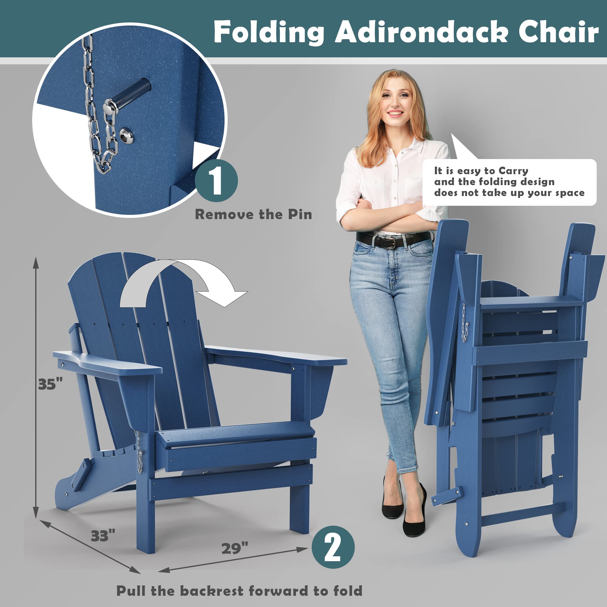 TORVA Folding Adirondack Chair - All-Weather HDPE Resin Outdoor Patio Chair for Backyard, Garden, Beach & Deck - Fire Pit & BBQ Seating - Navy Blue (Perfect for Camping, Picnics & Relaxing Outdoors)