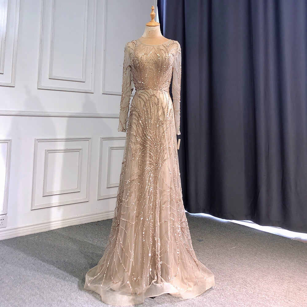 Serene Hill 2025 Luxury Beaded A-Line Evening Gowns for Women - Elegant O-Neck Long Sleeve Party Dress LA71667 | Perfect for Galas, Weddings & Formal Events