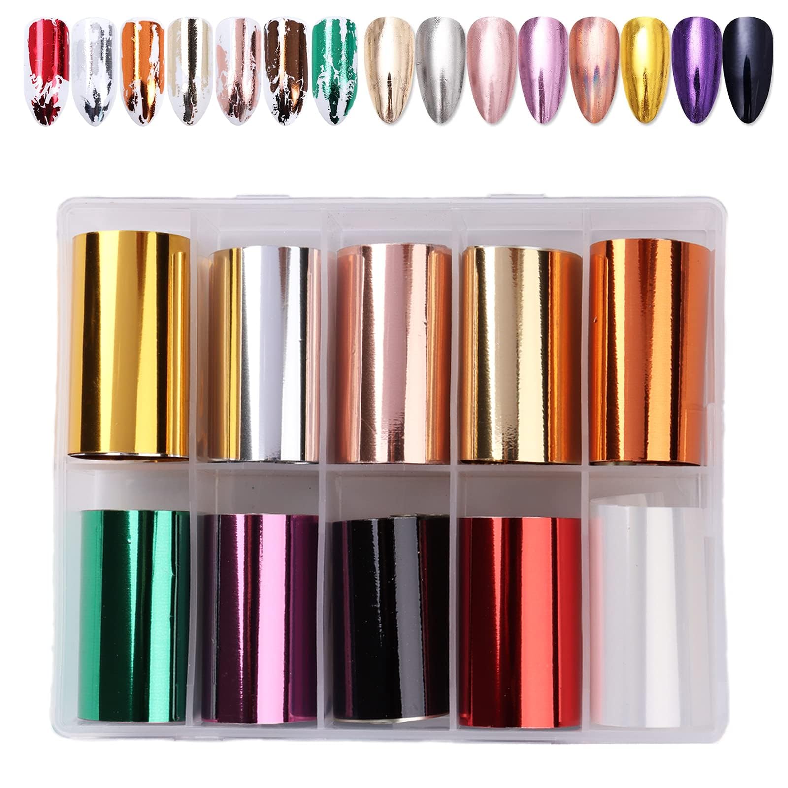 10 Rolls Metallic Holographic Nail Foil Transfer Stickers - EBANKU DIY Nail Art Decoration for Christmas, Halloween & Party - Shining Nail Tips, Foil Adhesive Stickers for Professional & Home Manicure