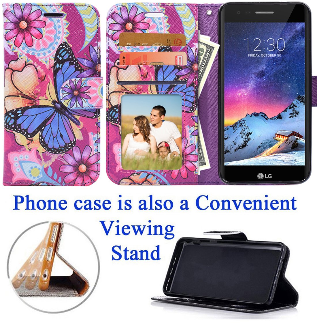 2018 LG Aristo 2 Zone 4 Case - Textured Hybrid Wallet Grip with Kick Stand, Card Pocket, Flip Cover (Butterfly Daisy) - Perfect for Everyday Use, Travel, and Work